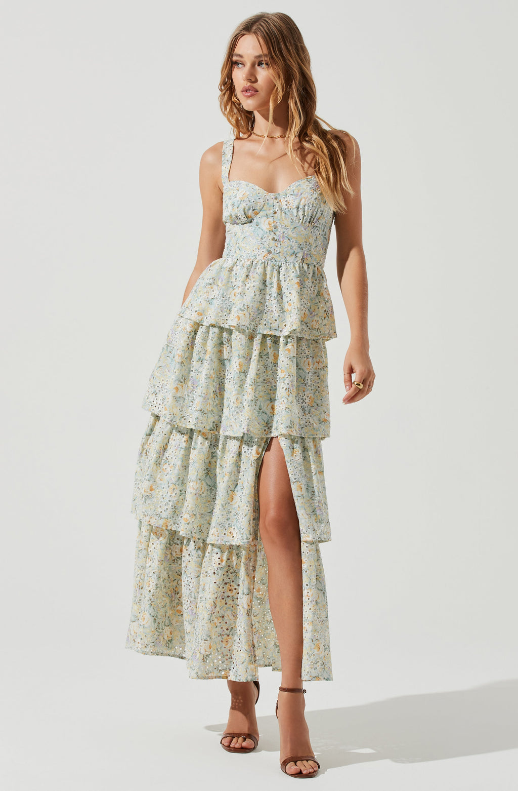 Midsummer Eyelet Tiered Floral Maxi Dress