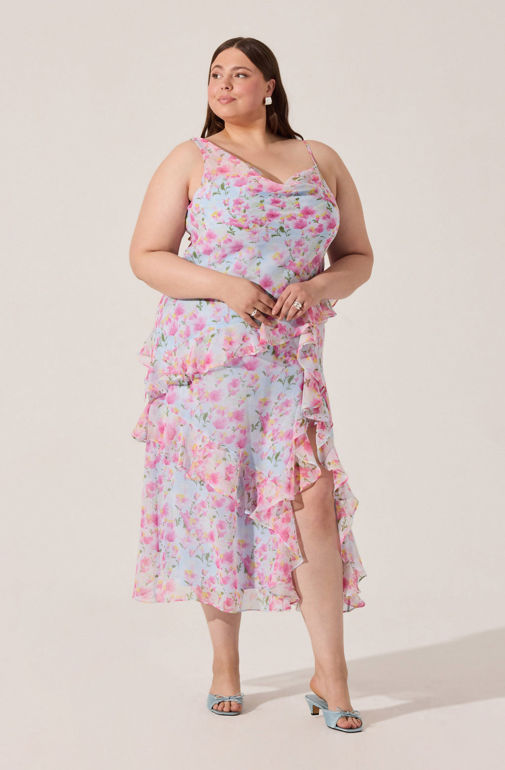 Levina Asymmetric Floral Ruffle Maxi Dress