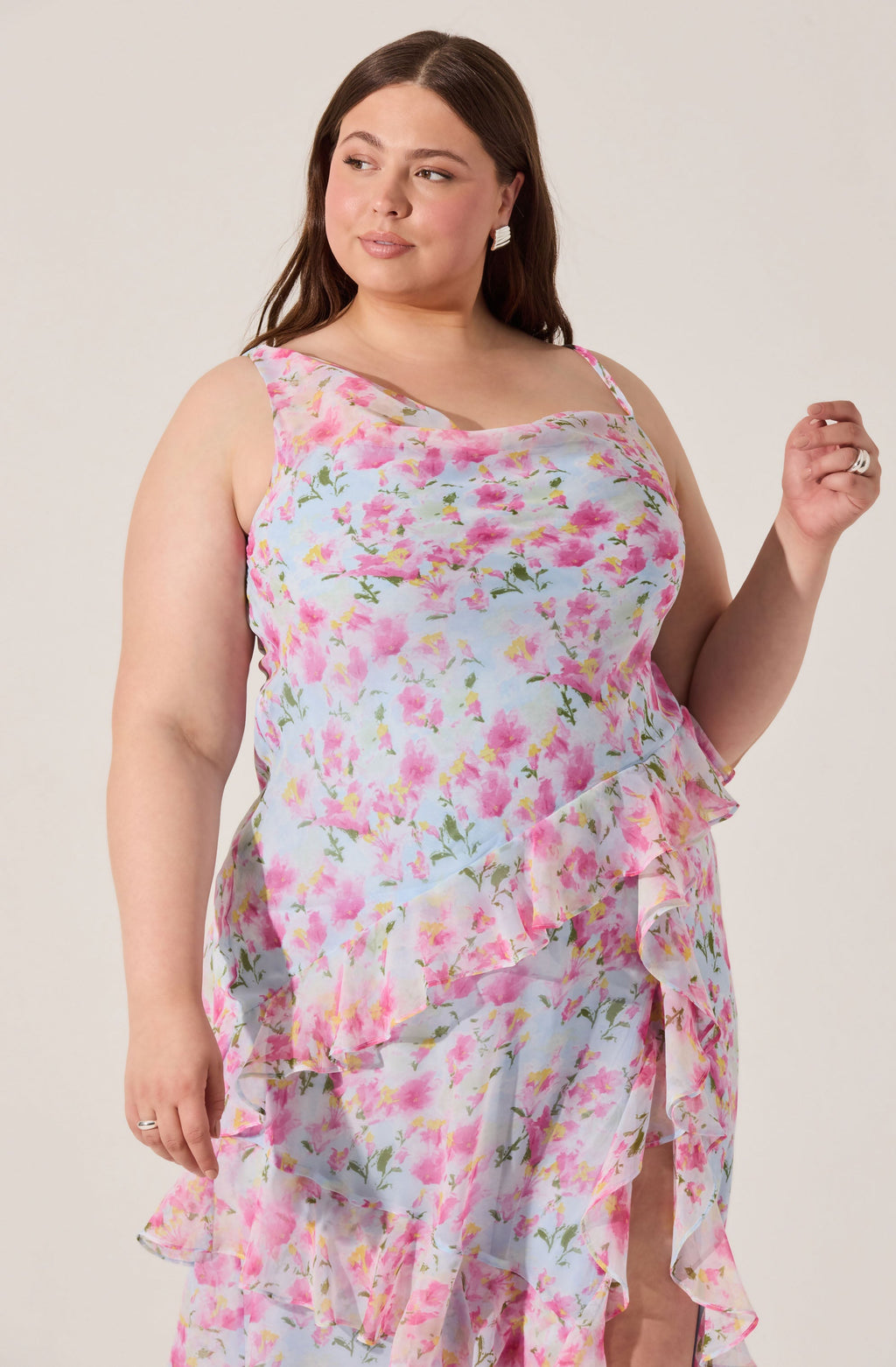 Levina Asymmetric Floral Ruffle Maxi Dress