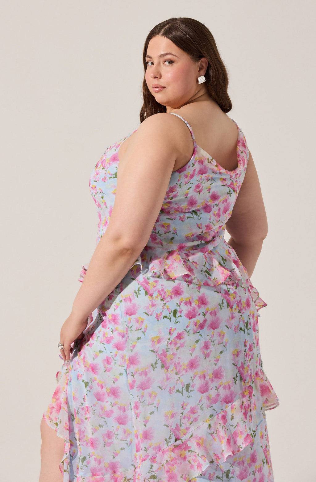 Levina Asymmetric Floral Ruffle Maxi Dress