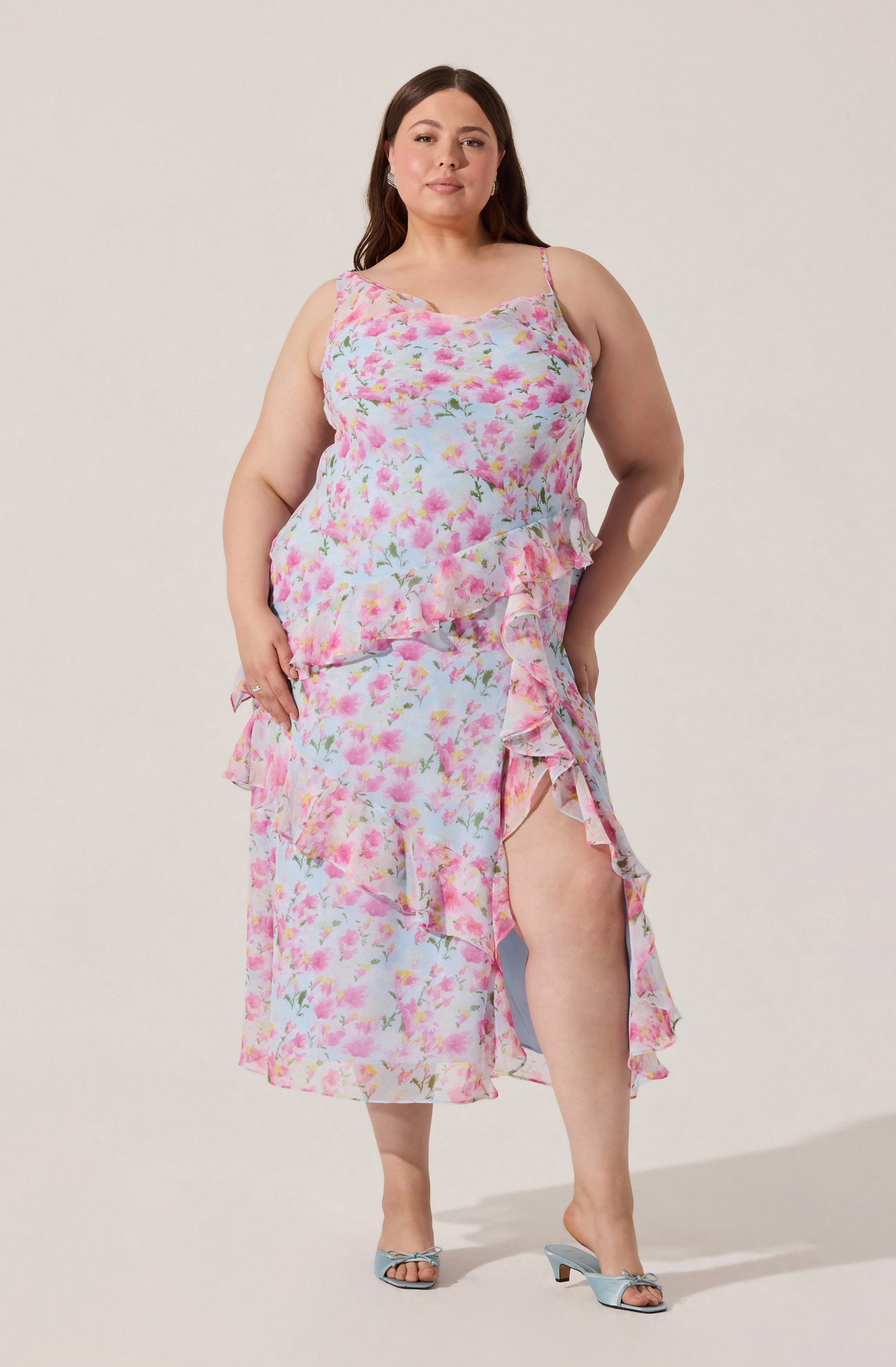 Levina Asymmetric Floral Ruffle Maxi Dress