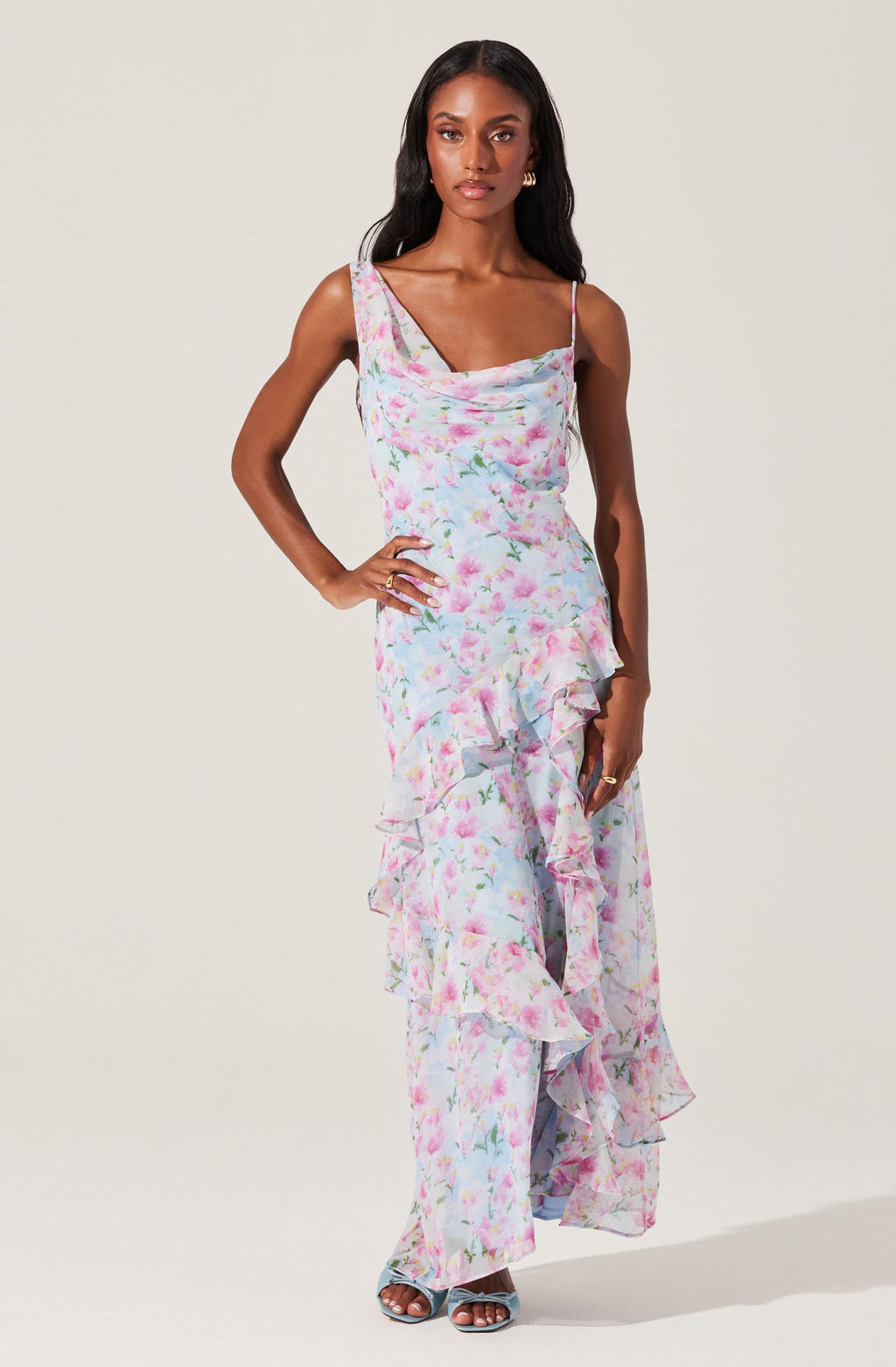 Levina Asymmetric Floral Ruffle Maxi Dress