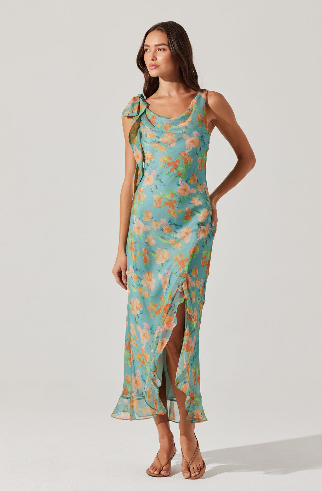 Isabelle Ruffled Cowl Neck Floral Midi Dress