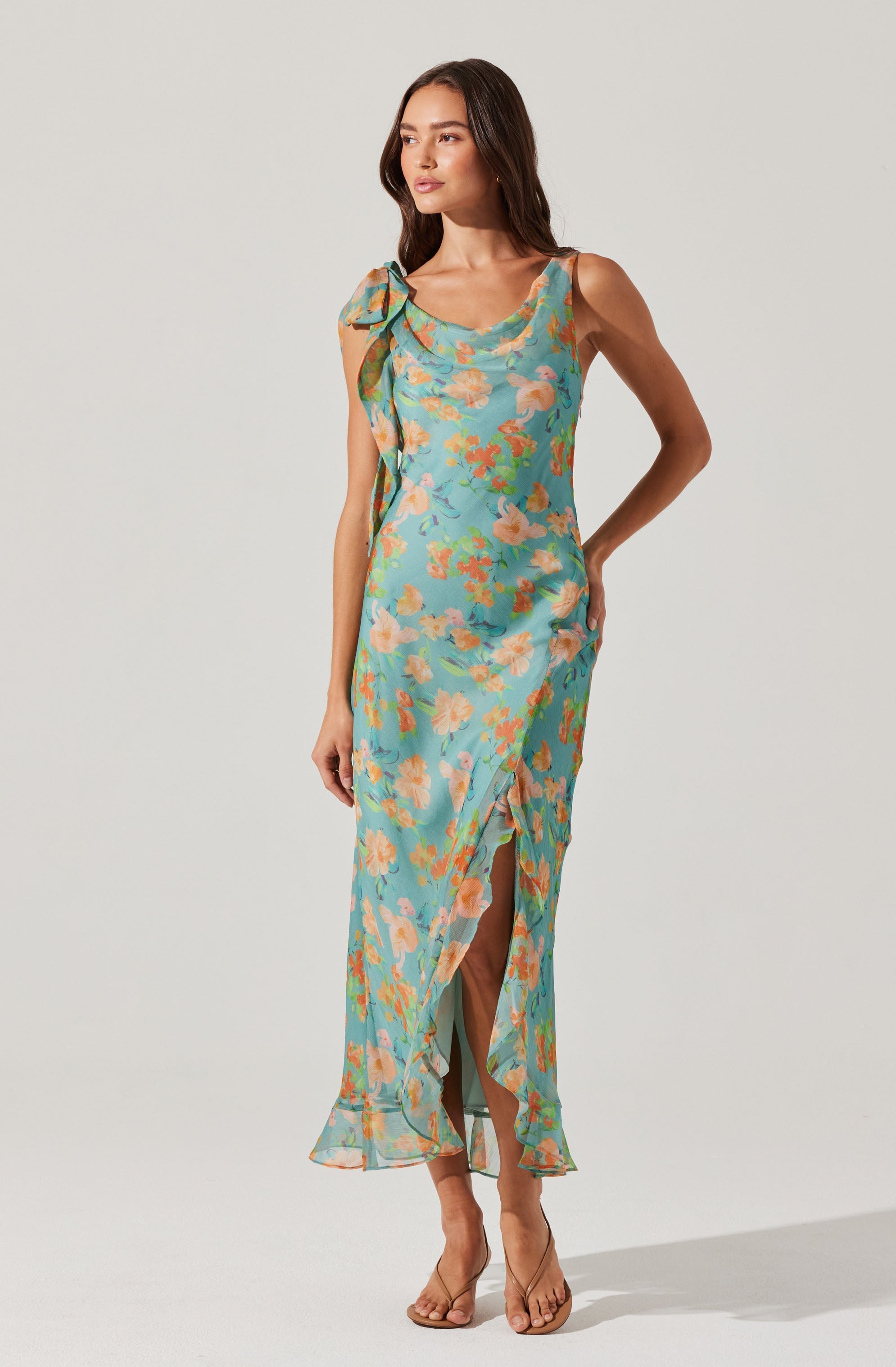 Isabelle Ruffled Cowl Neck Floral Midi Dress
