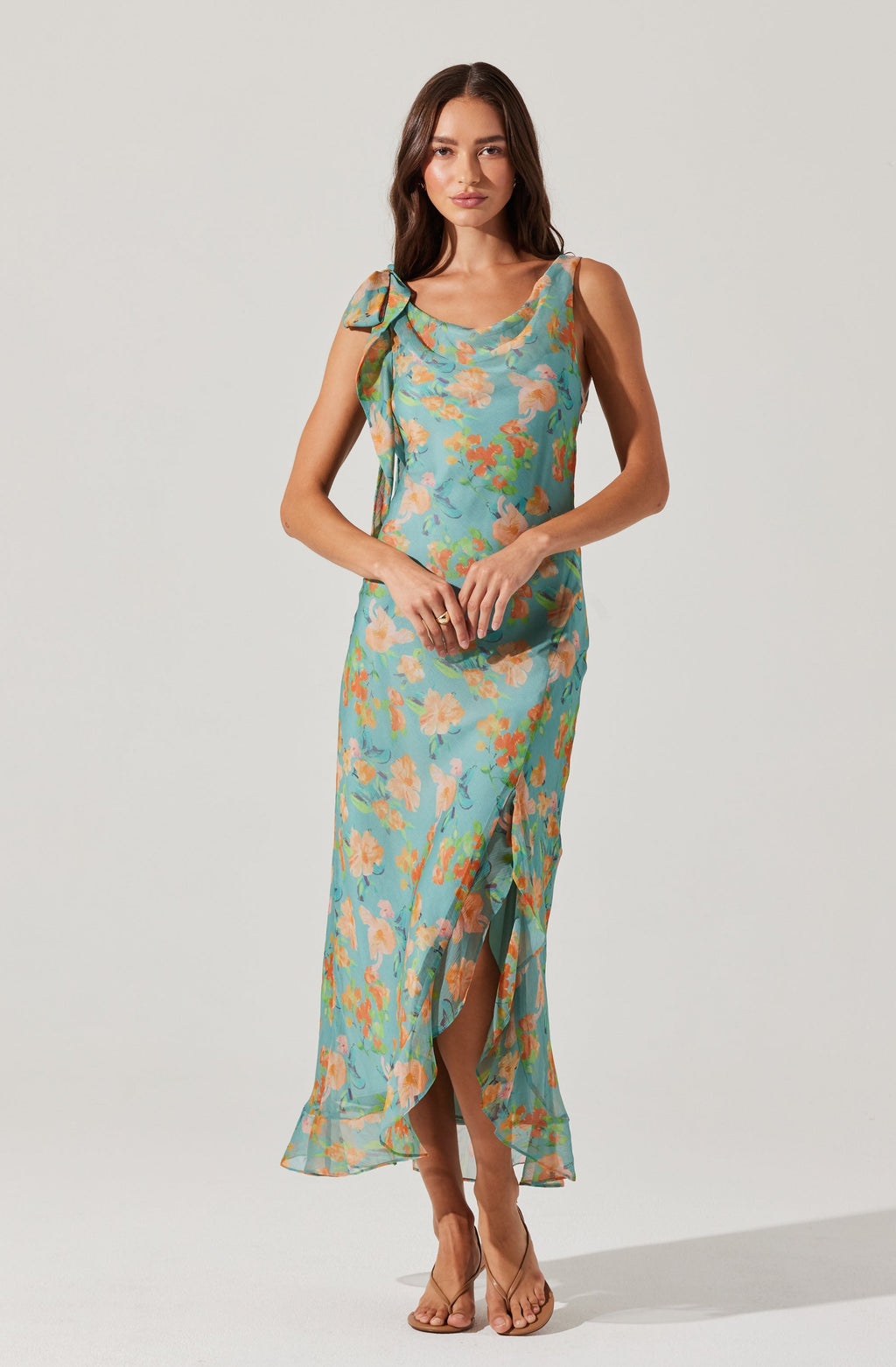 Isabelle Ruffled Cowl Neck Floral Midi Dress