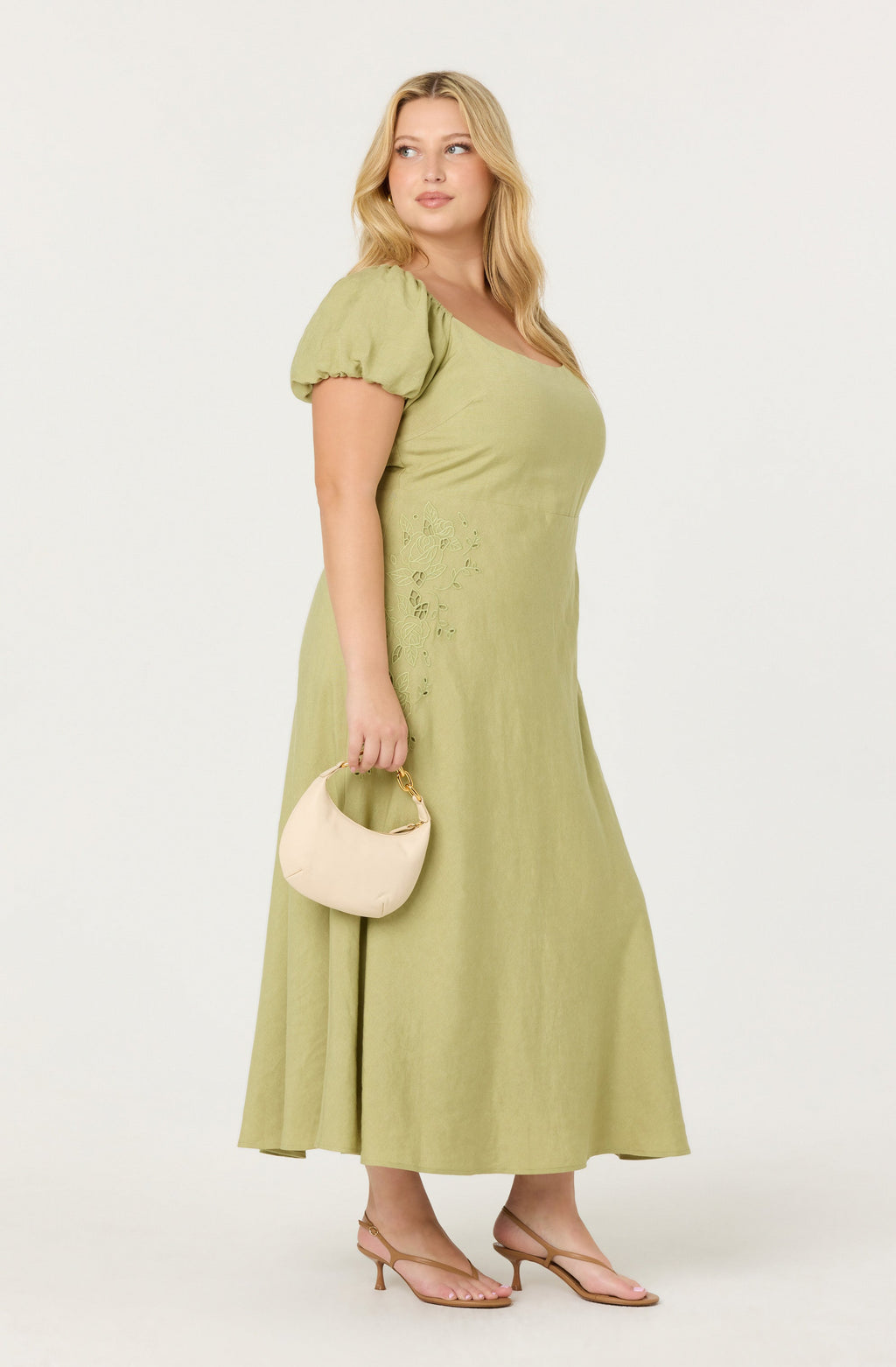 Leocadia Embroidered Puff Sleeve Midi Dress