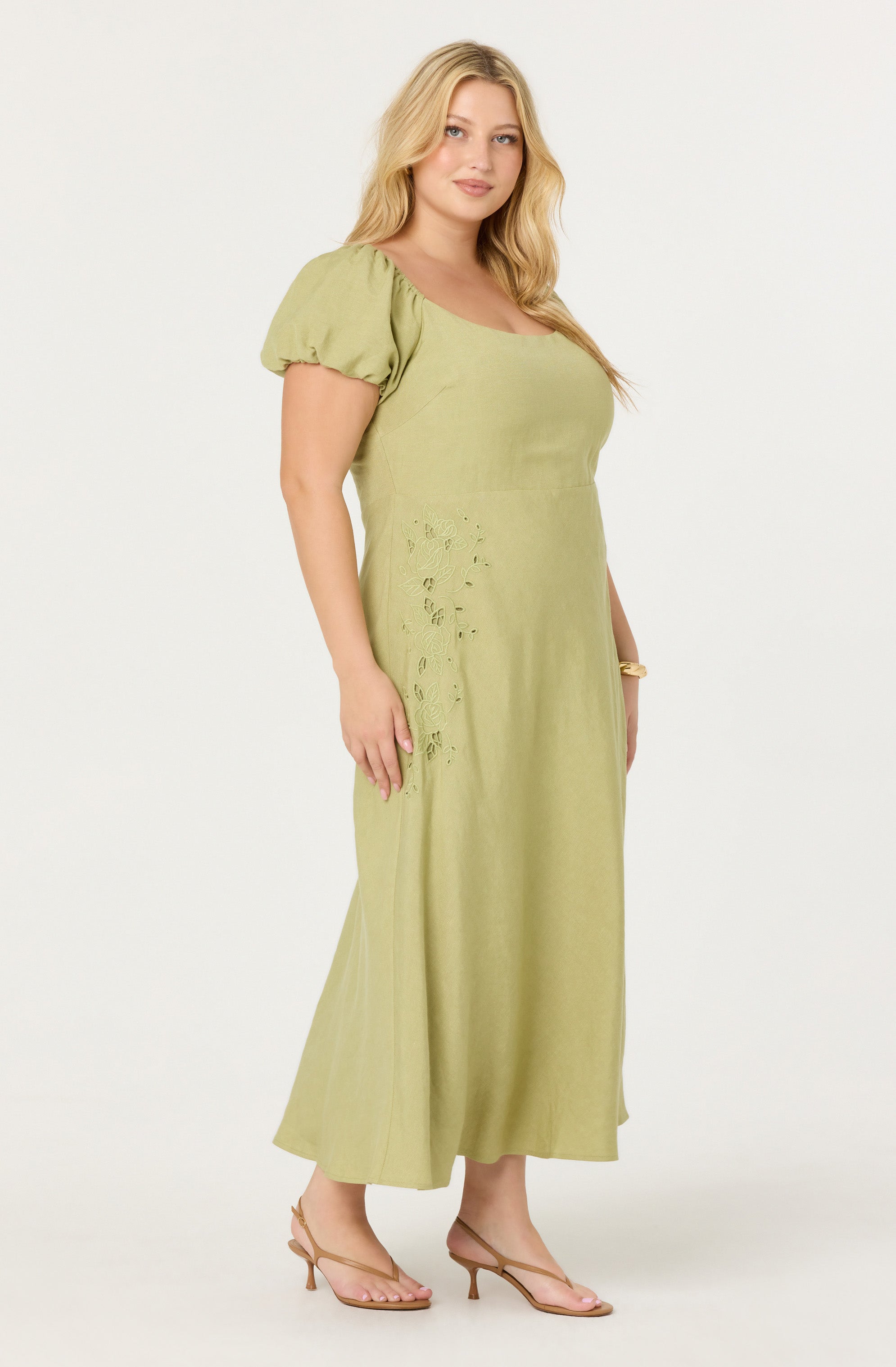 Leocadia Embroidered Puff Sleeve Midi Dress