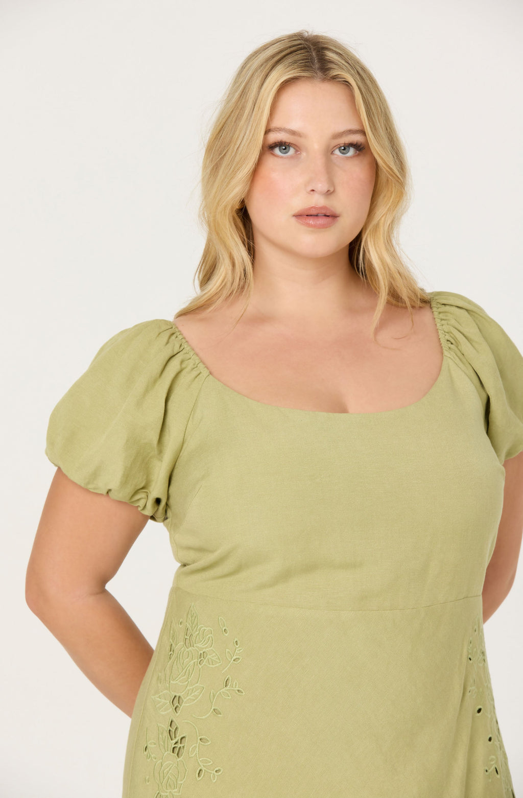 Leocadia Embroidered Puff Sleeve Midi Dress