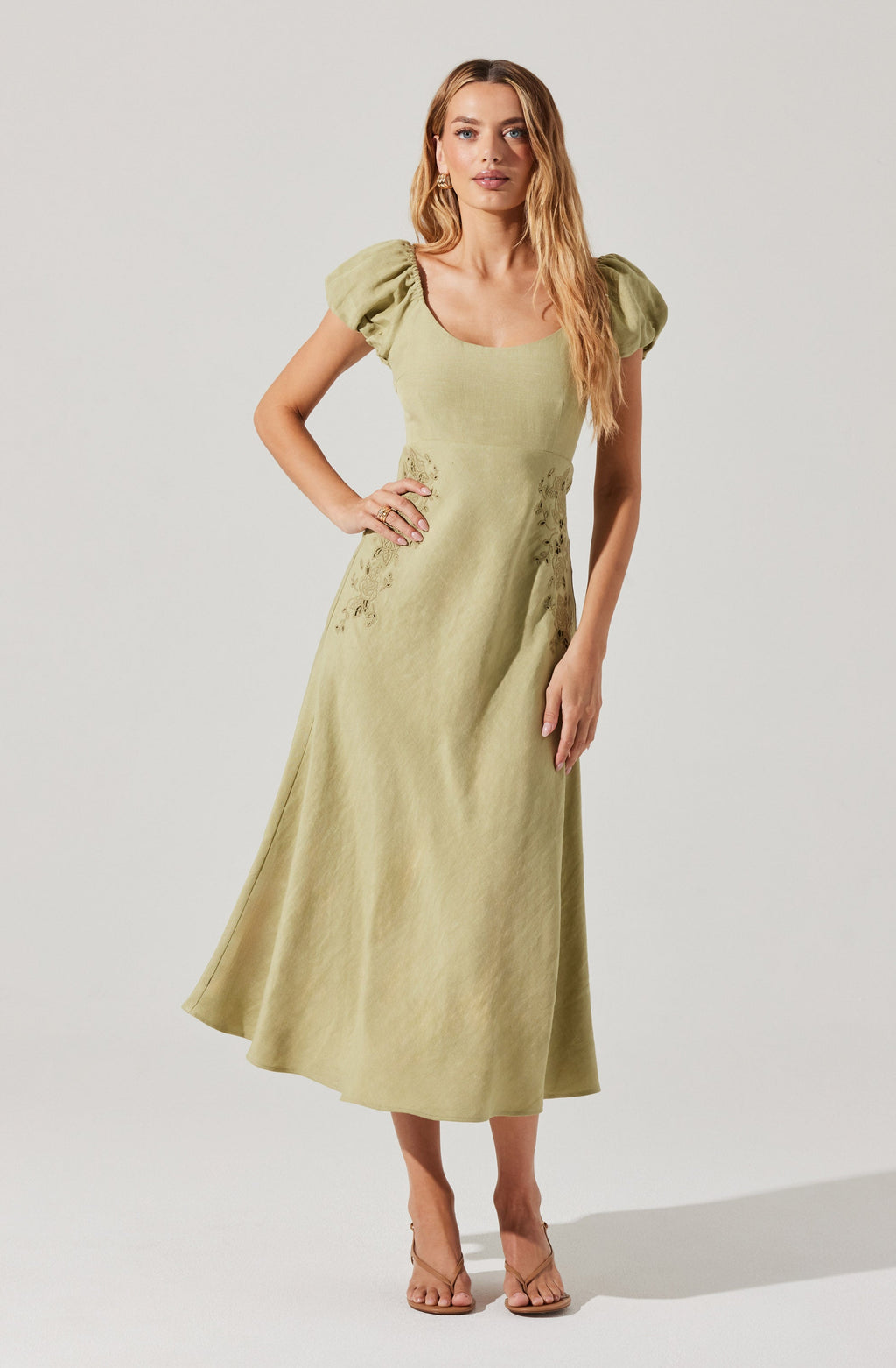 Leocadia Embroidered Puff Sleeve Midi Dress