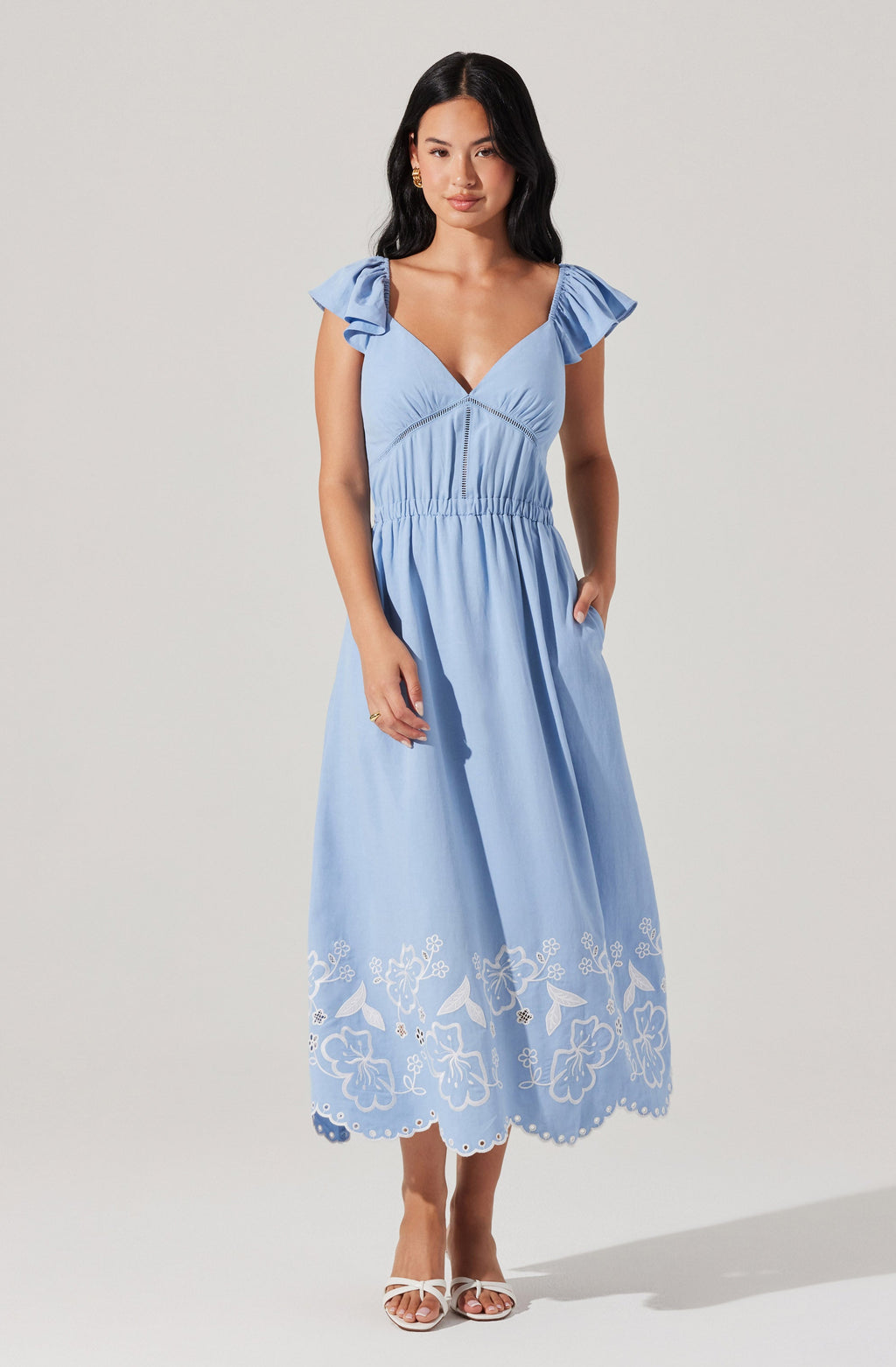 Odeletta Embroidered Floral Trim Midi Dress