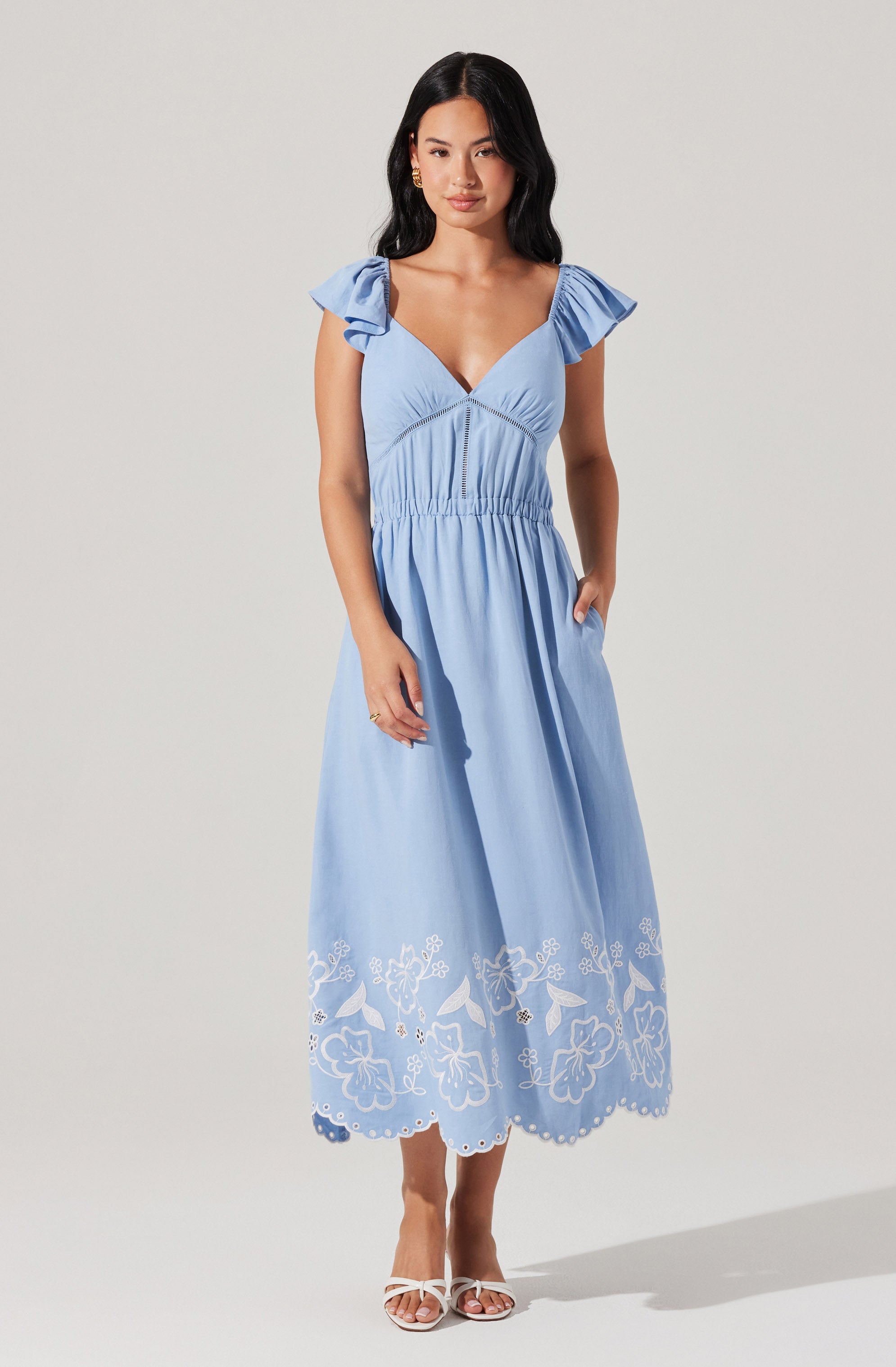 Odeletta Embroidered Floral Trim Midi Dress