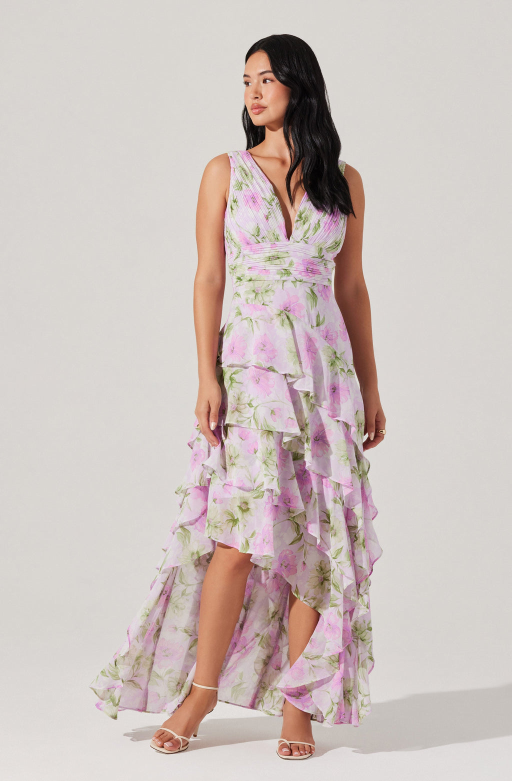 Cytherea Asymmetric Floral Ruffle Midi Dress