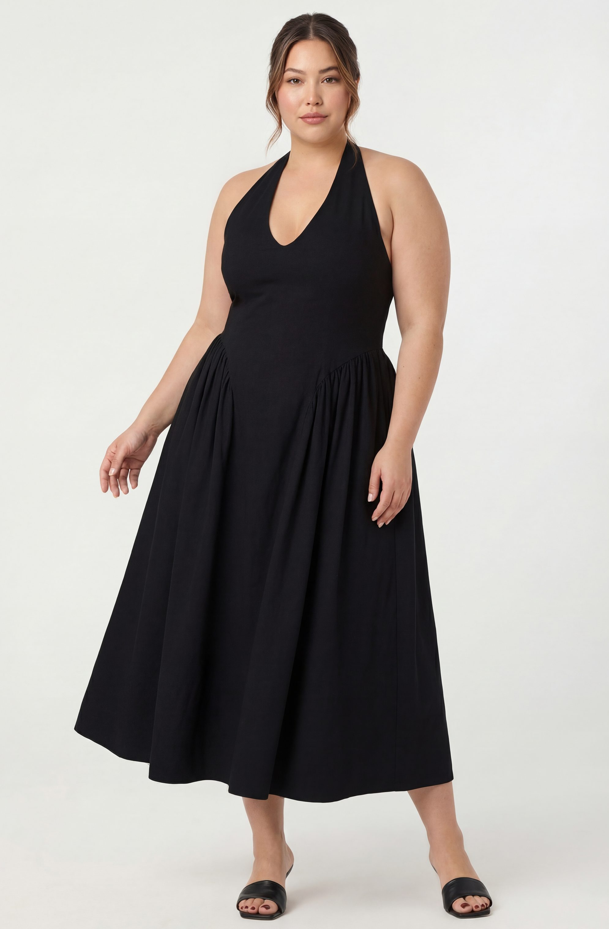 Meana Halter Plunge Drop-Waist Midi Dress