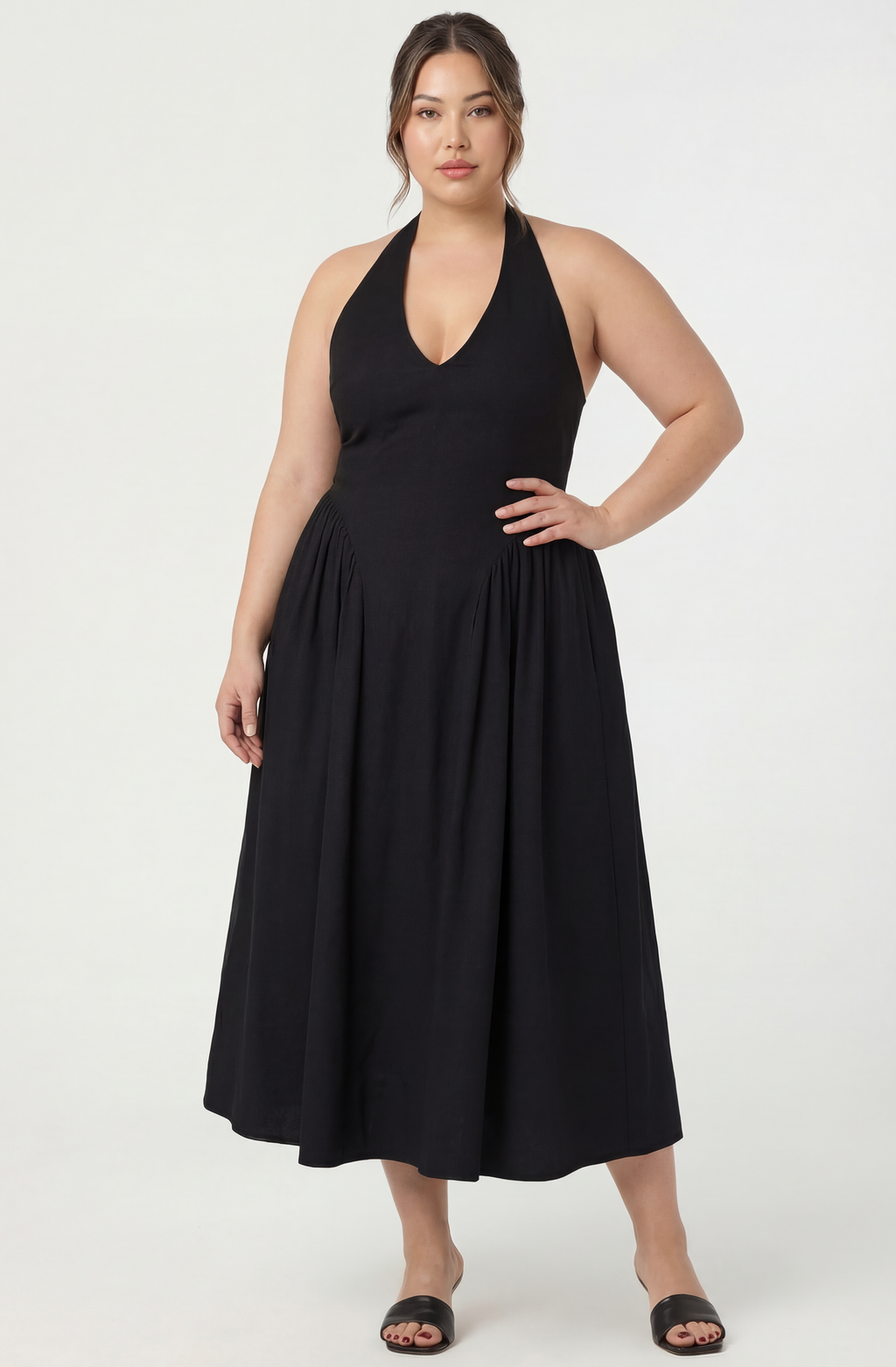 Meana Halter Plunge Drop-Waist Midi Dress