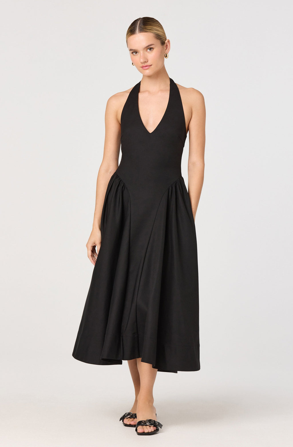 Meana Halter Plunge Drop-Waist Midi Dress