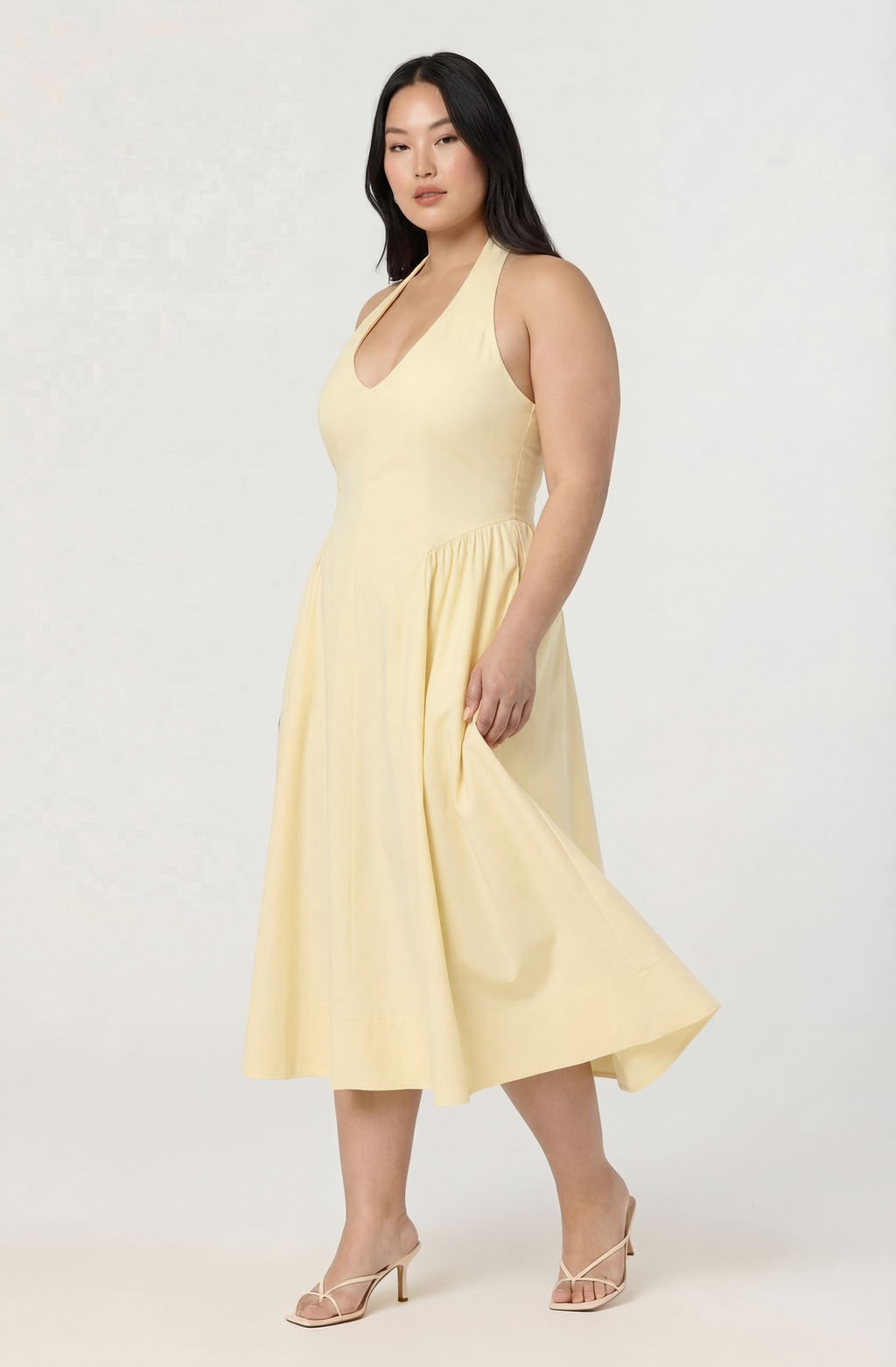 Meana Halter Plunge Drop-Waist Midi Dress