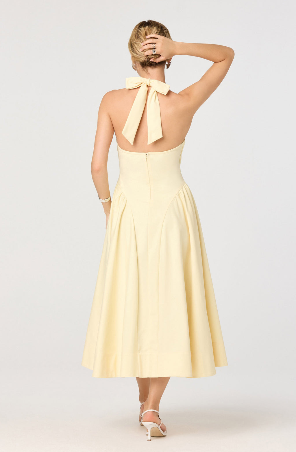 Meana Halter Plunge Drop-Waist Midi Dress