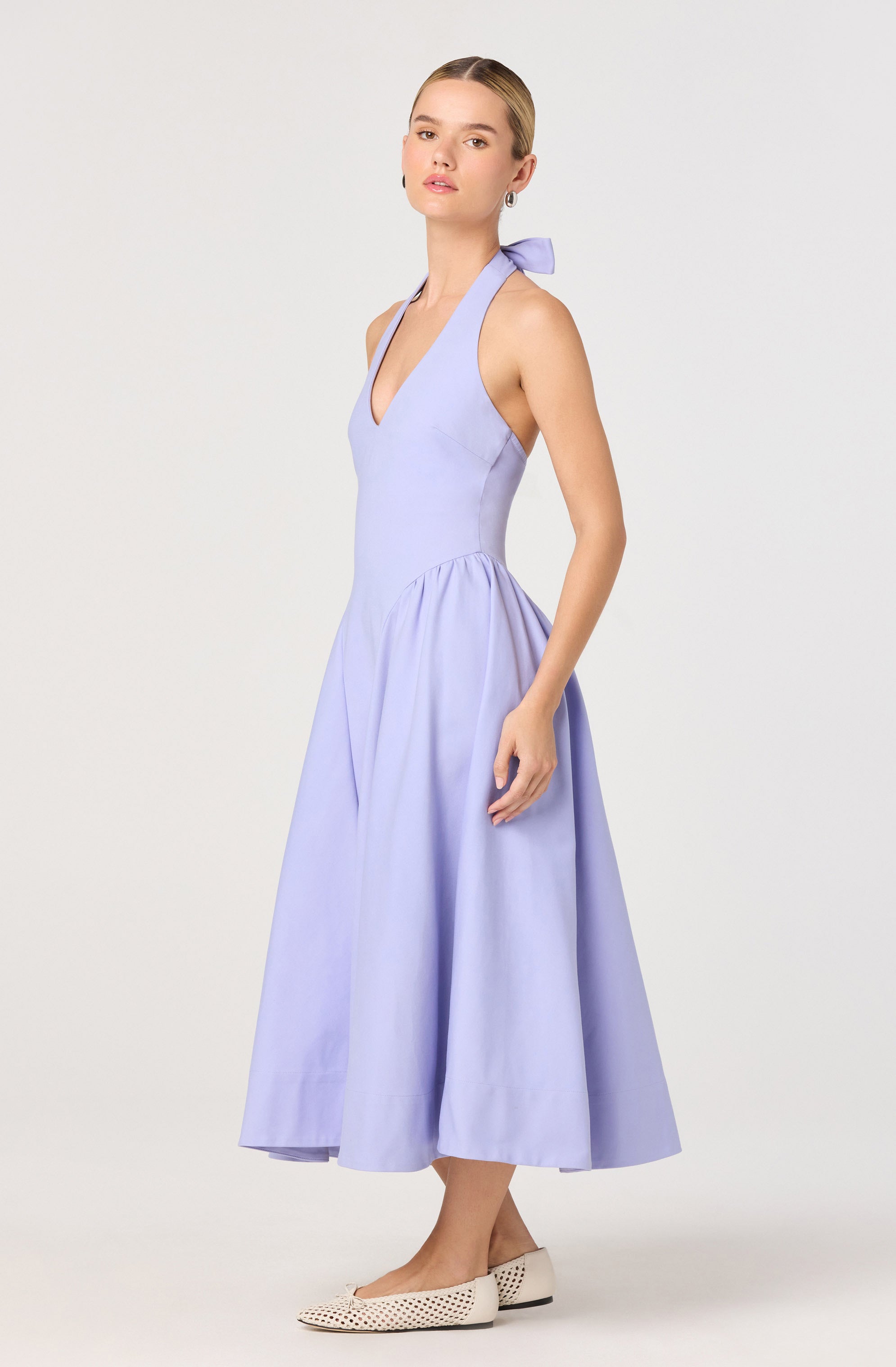 Meana Halter Plunge Drop-Waist Midi Dress