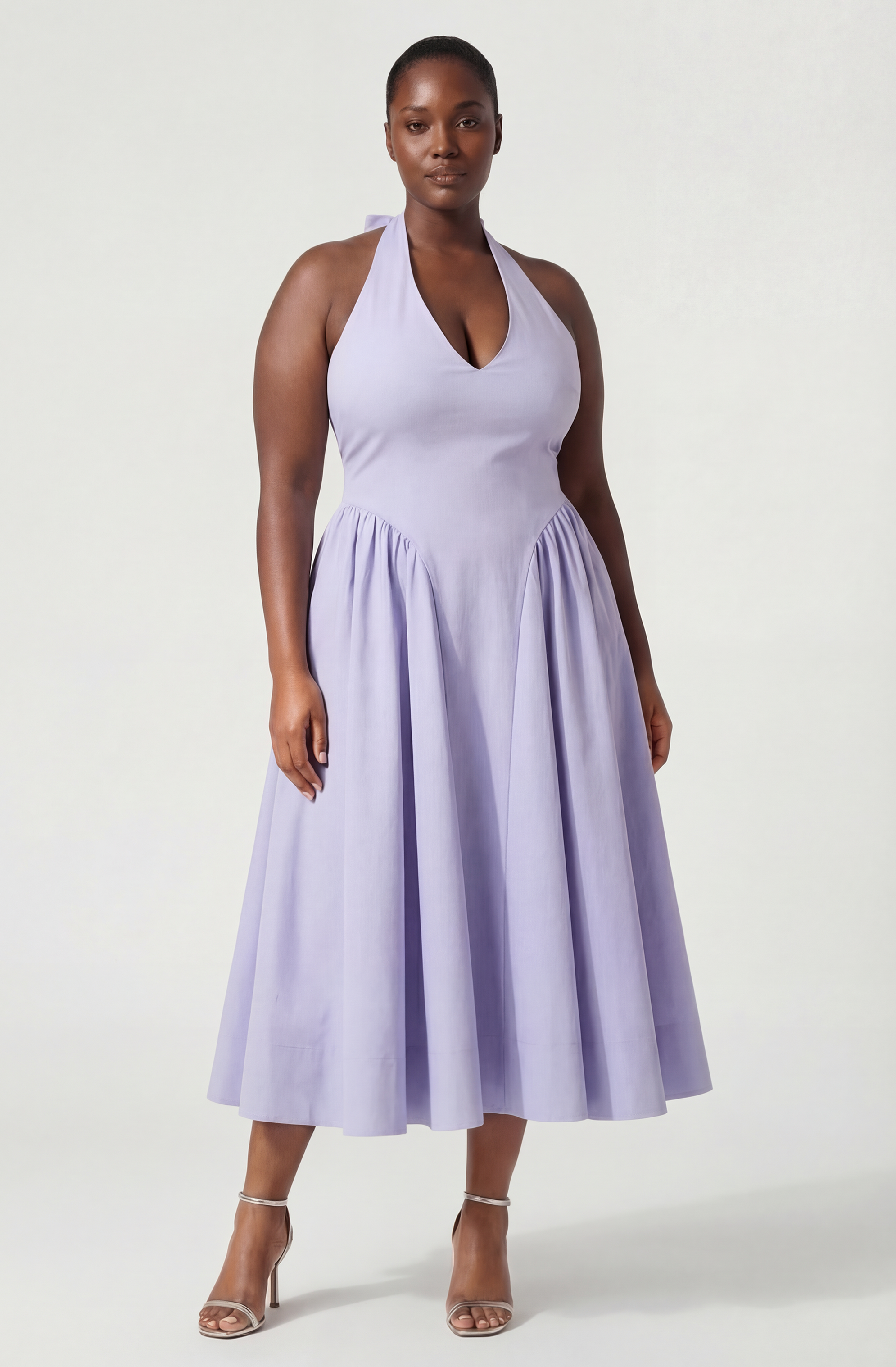 Meana Halter Plunge Drop-Waist Midi Dress