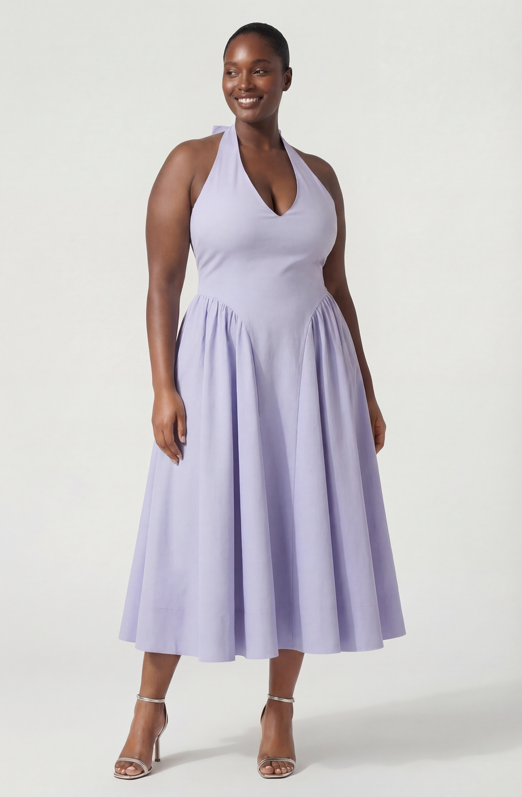 Meana Halter Plunge Drop-Waist Midi Dress