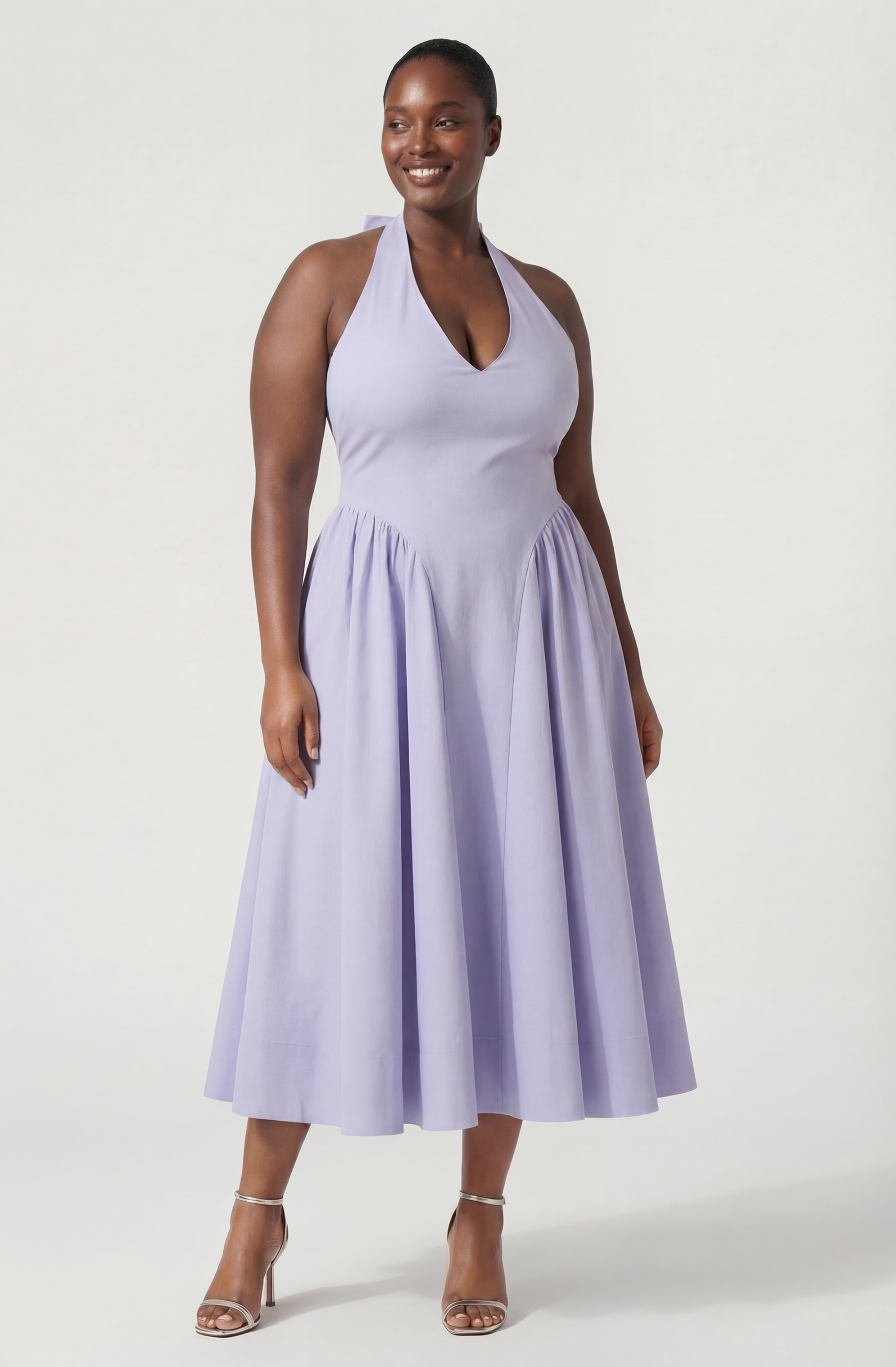 Meana Halter Plunge Drop-Waist Midi Dress
