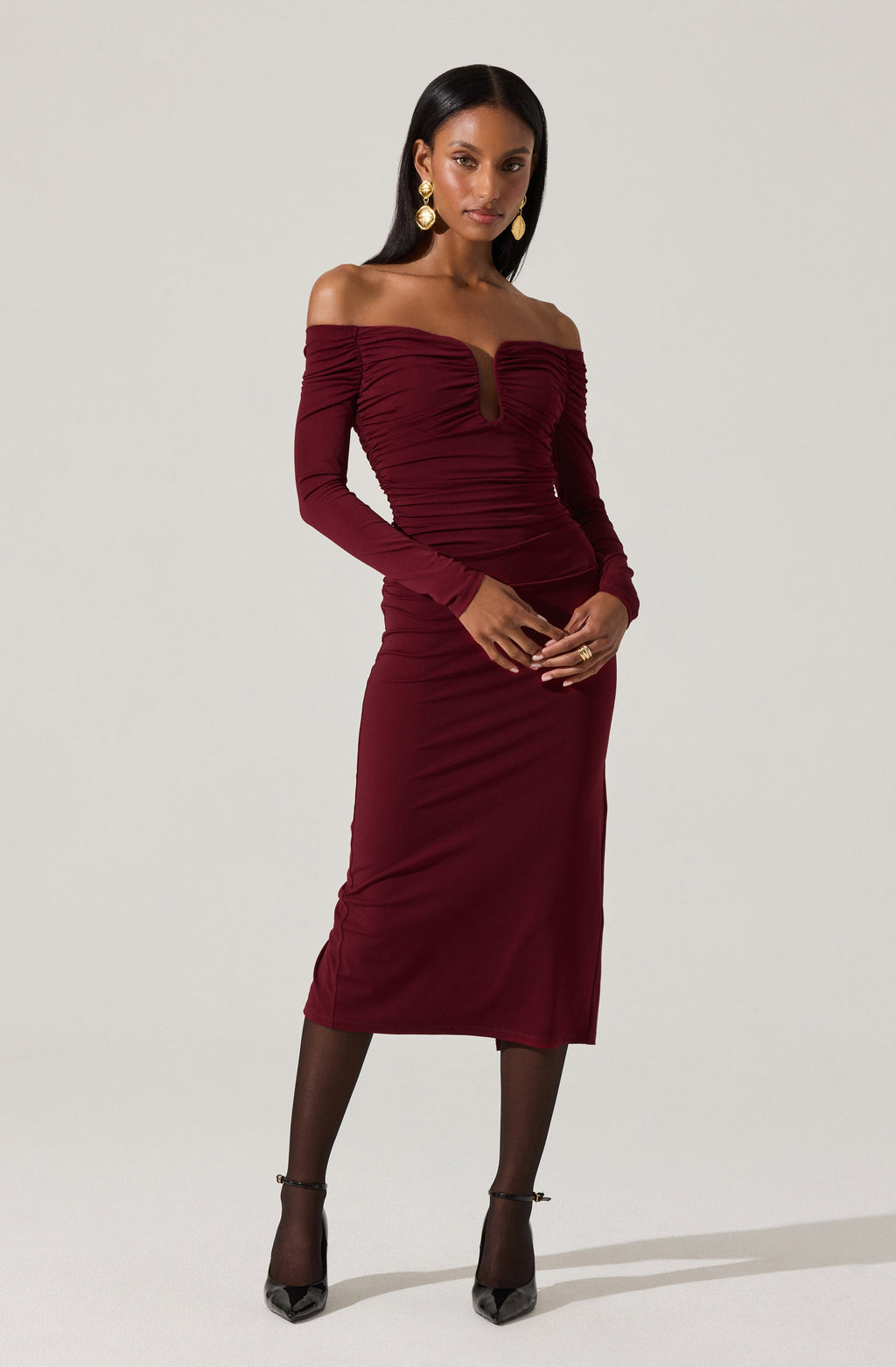 Lovinia Ruched Off Shoulder Midi Dress