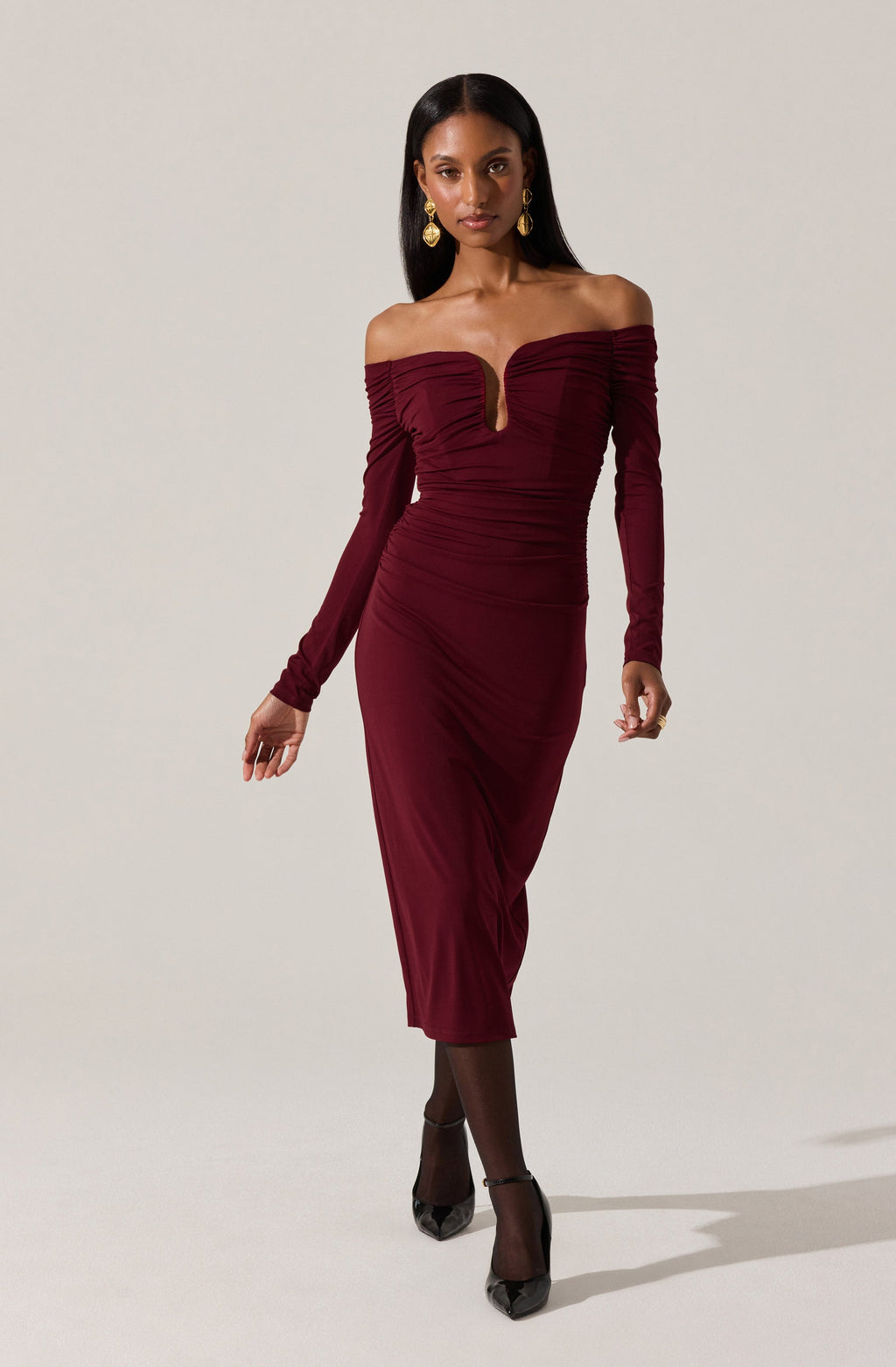 Lovinia Ruched Off Shoulder Midi Dress