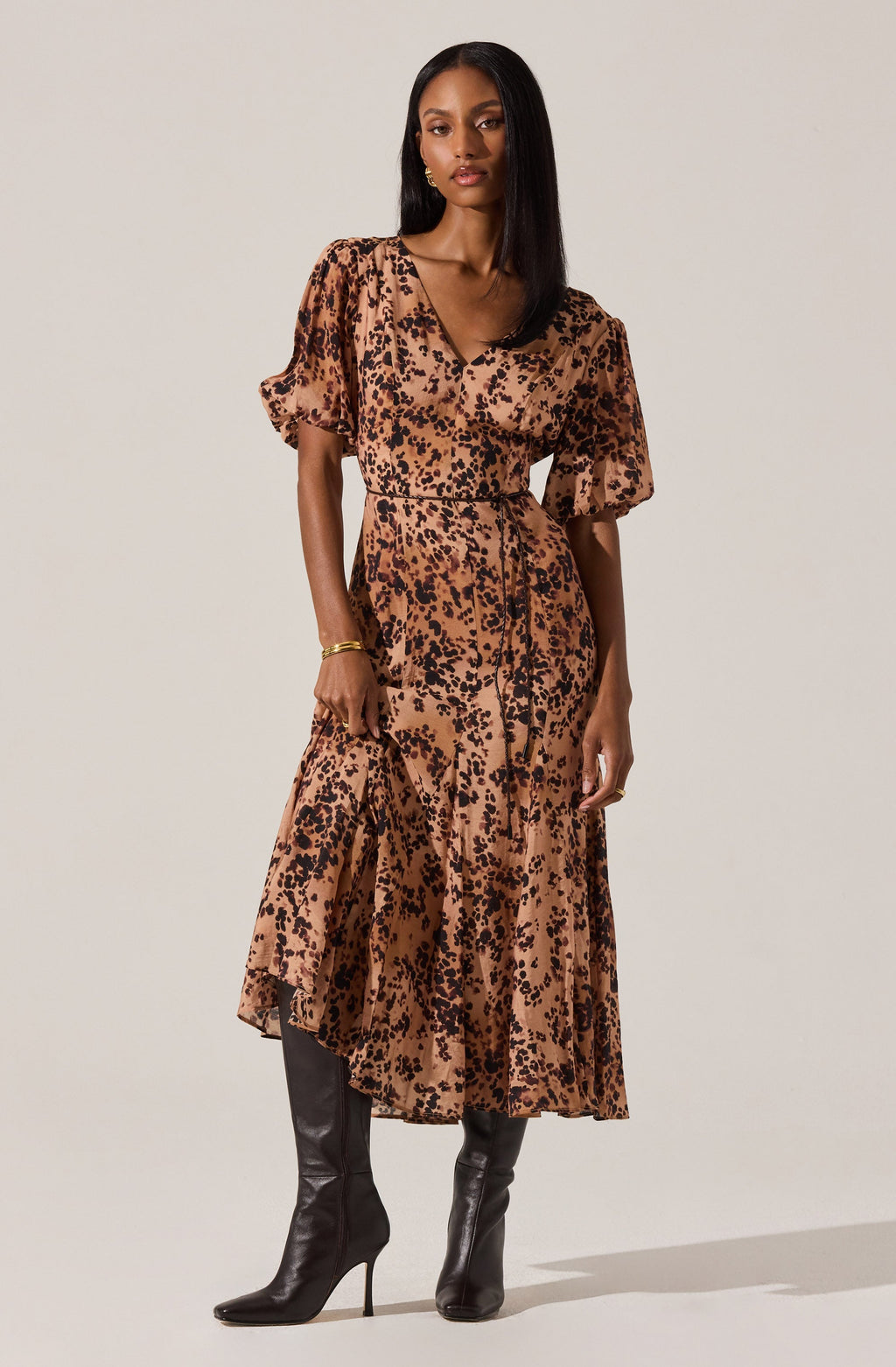 Lavena V-Neck Puff Sleeve Midi Dress