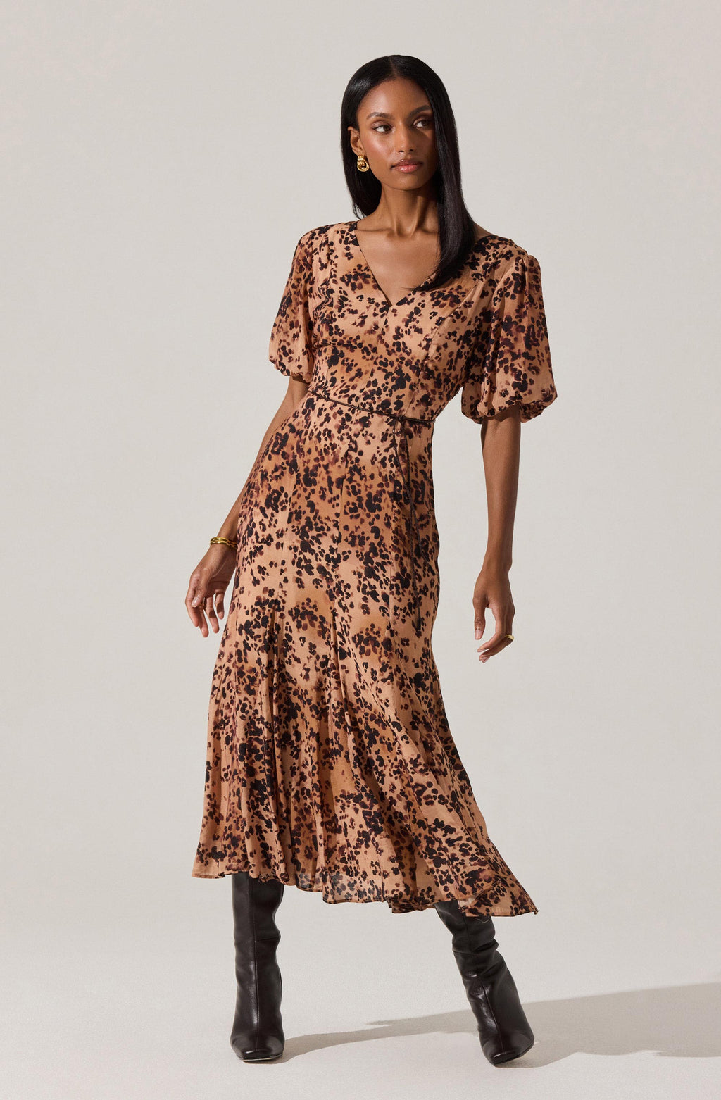 Lavena V-Neck Puff Sleeve Midi Dress