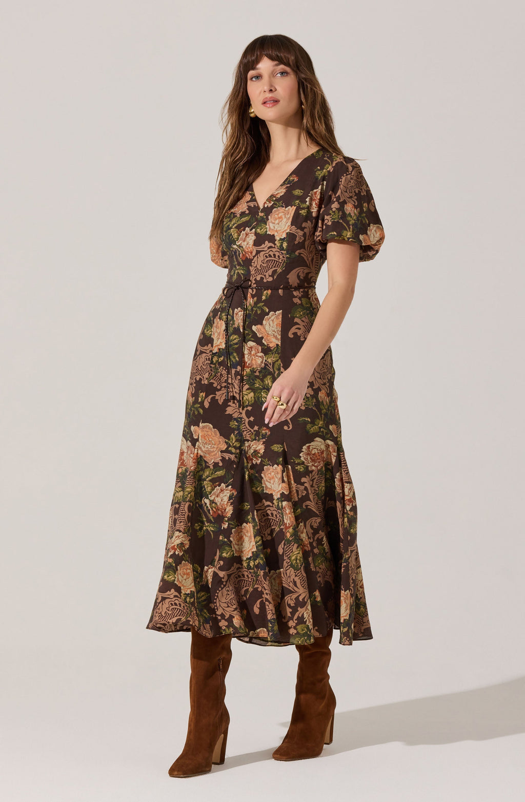 Lavena V-Neck Puff Sleeve Midi Dress