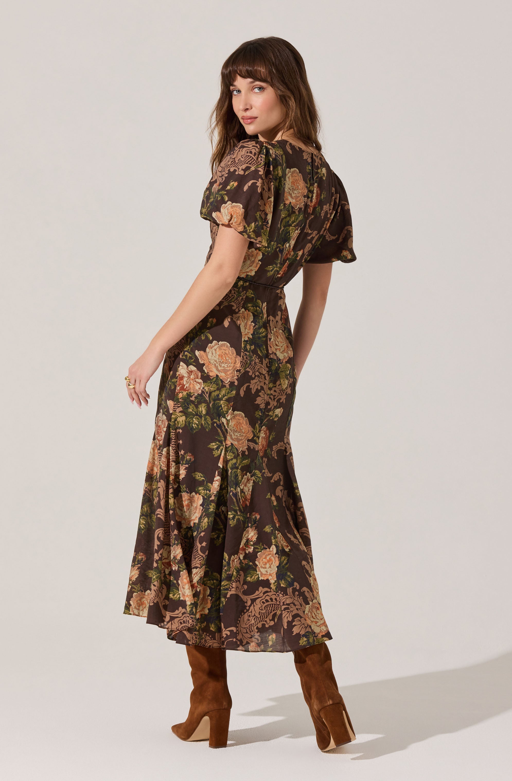 Lavena V-Neck Puff Sleeve Midi Dress