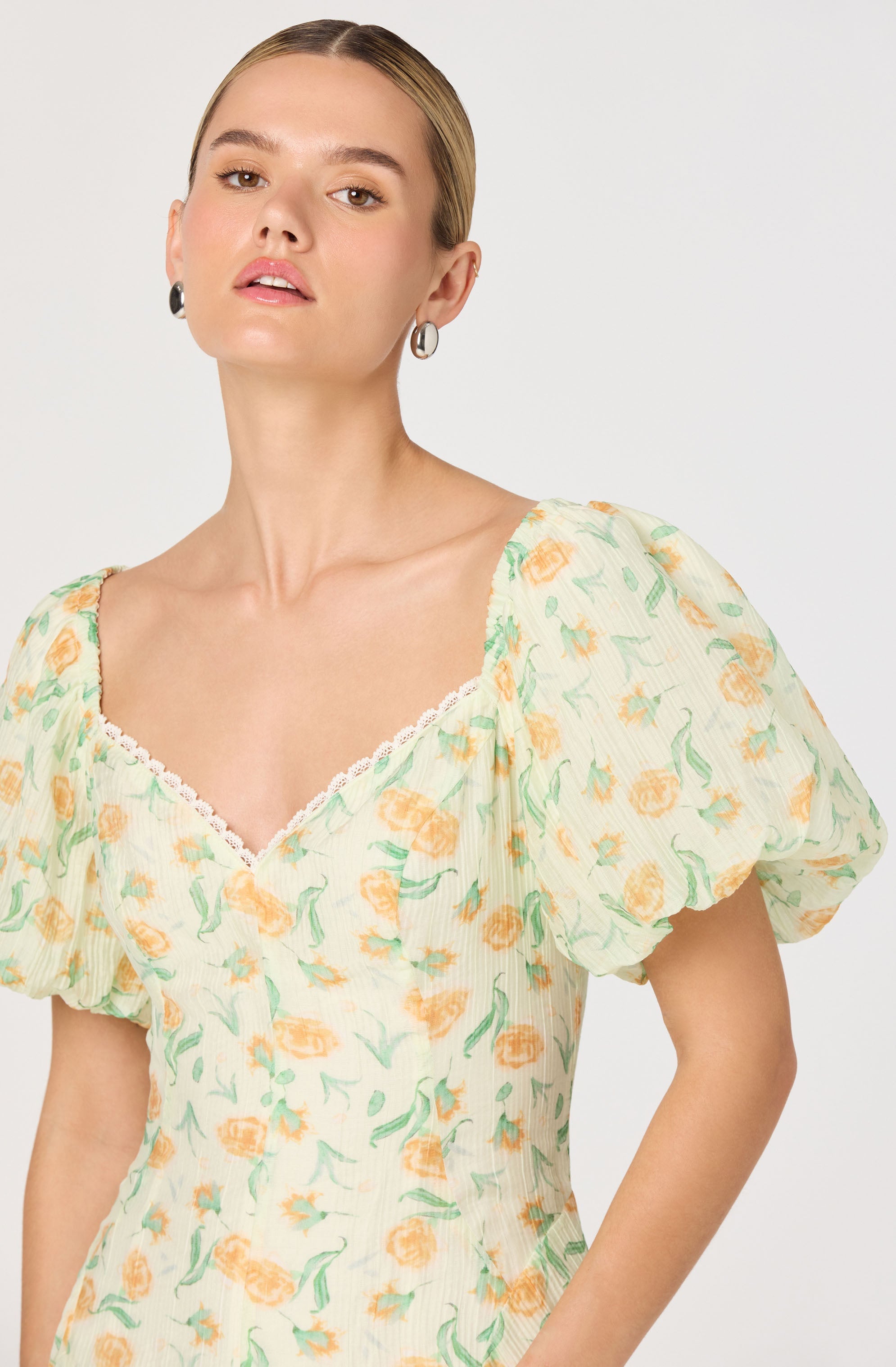 Mayra Floral Plissé Puff Sleeve Midi Dress