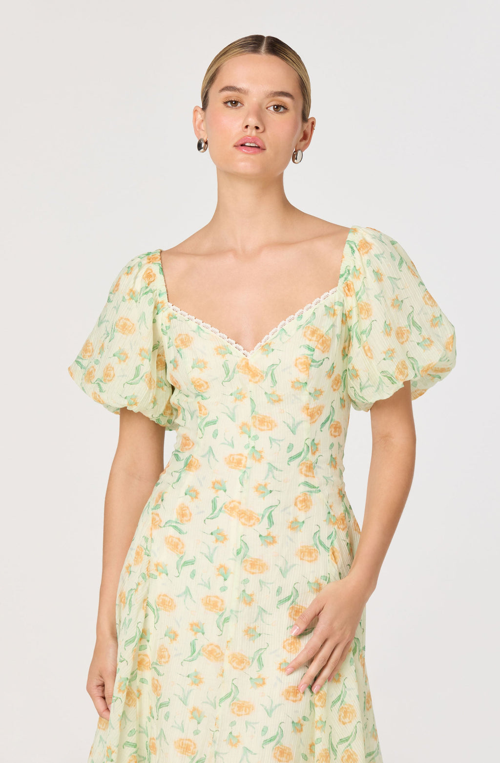 Mayra Floral Plissé Puff Sleeve Midi Dress