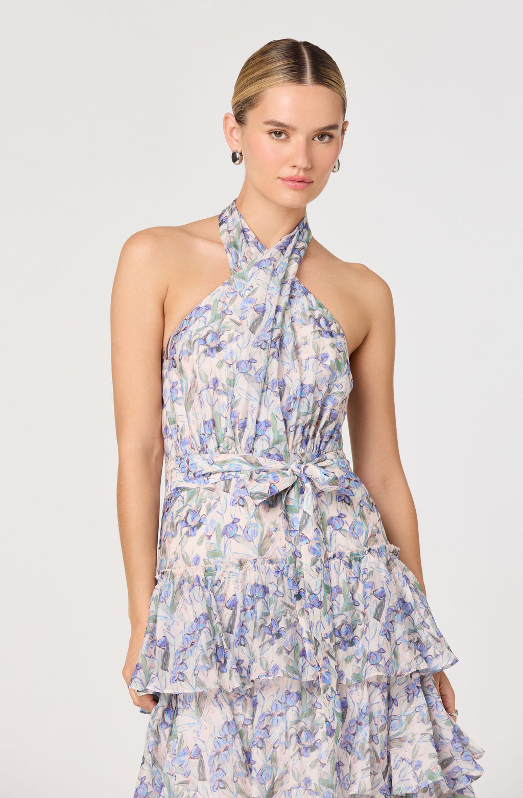Adamaris Floral Halter Tiered Ruffle Maxi Dress