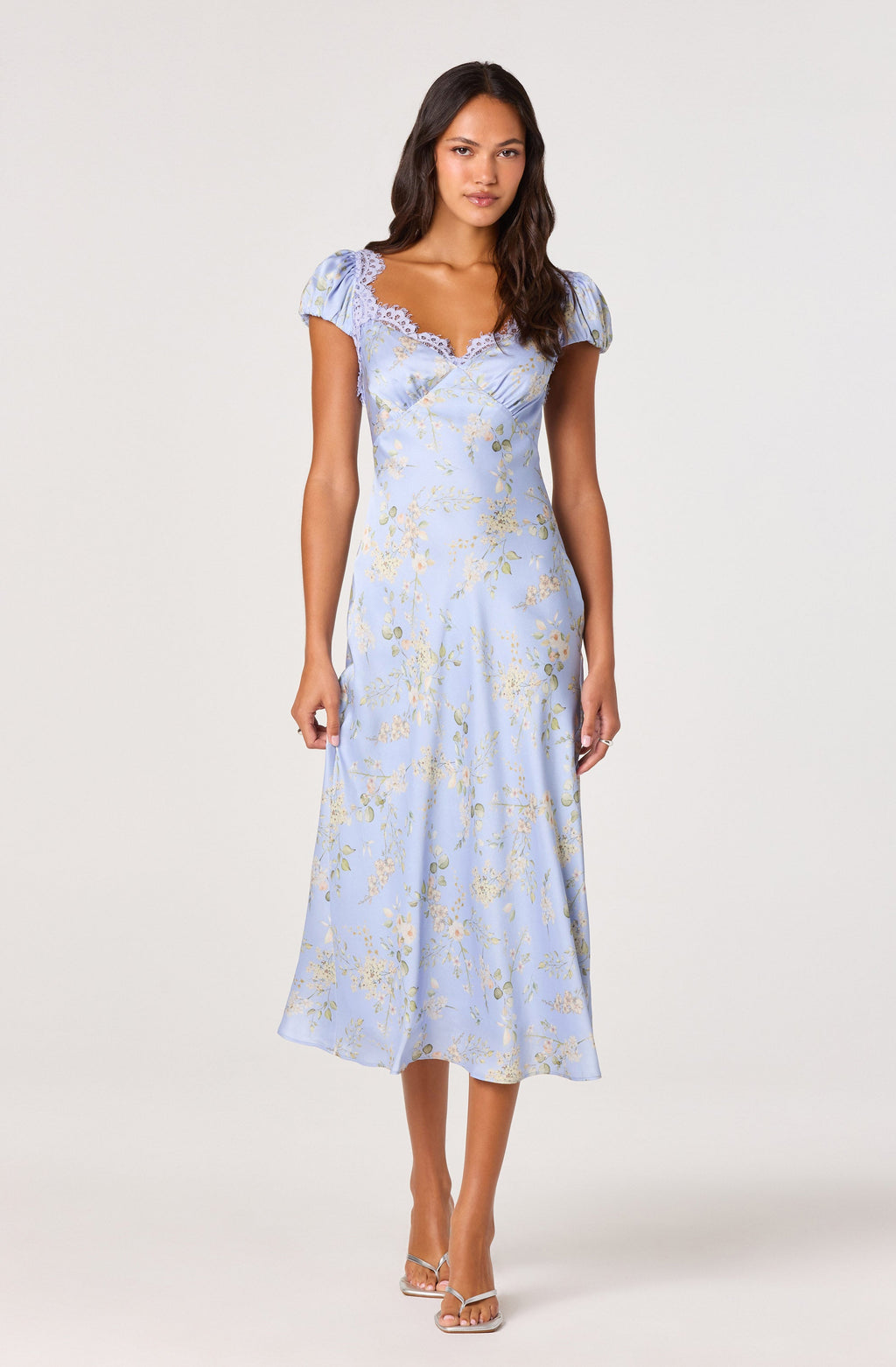 Makaela Puff Sleeve Floral Satin Midi Dress