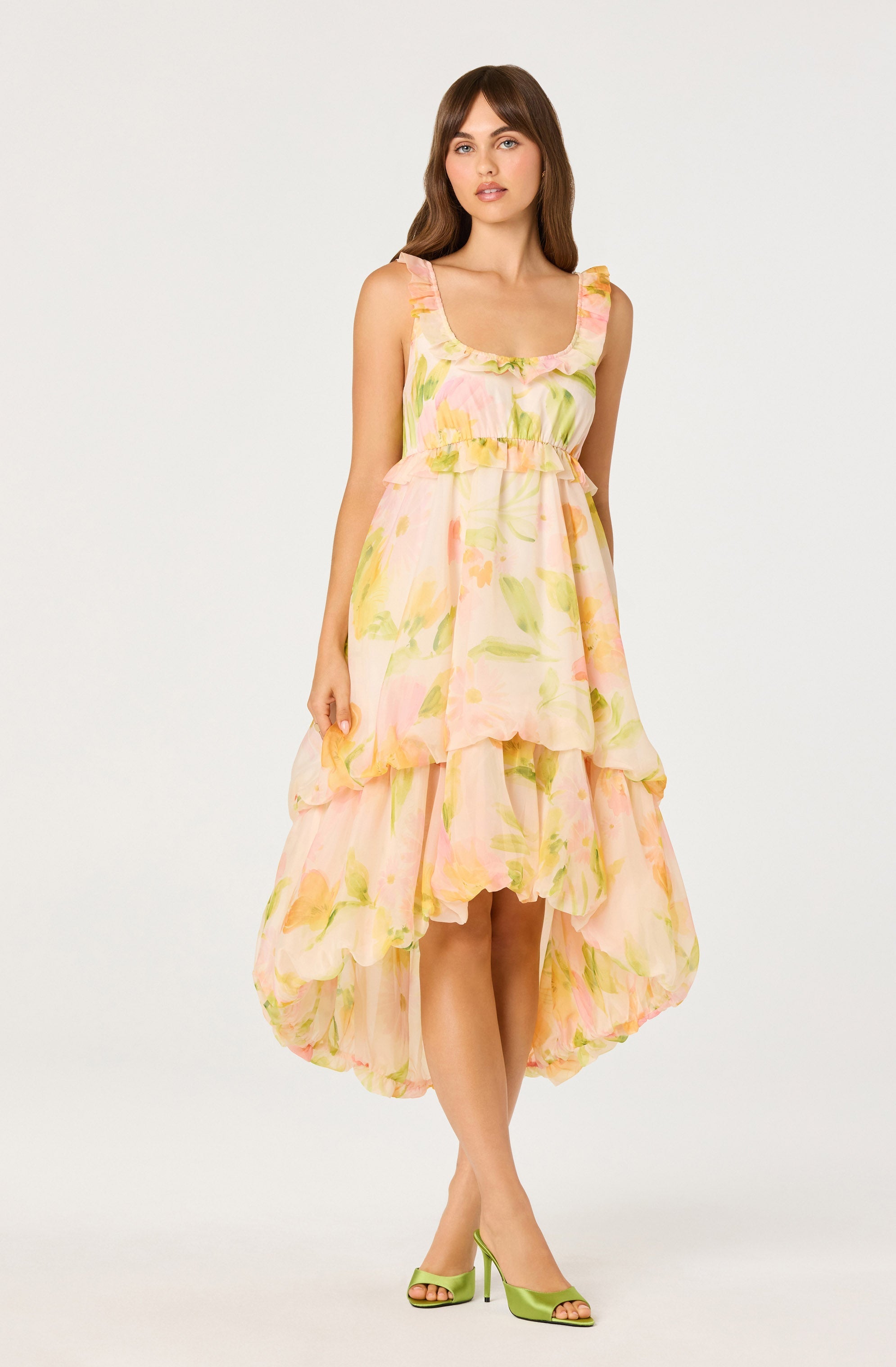 Serenidy Floral Ruffle Tiered High-Low Midi Dress