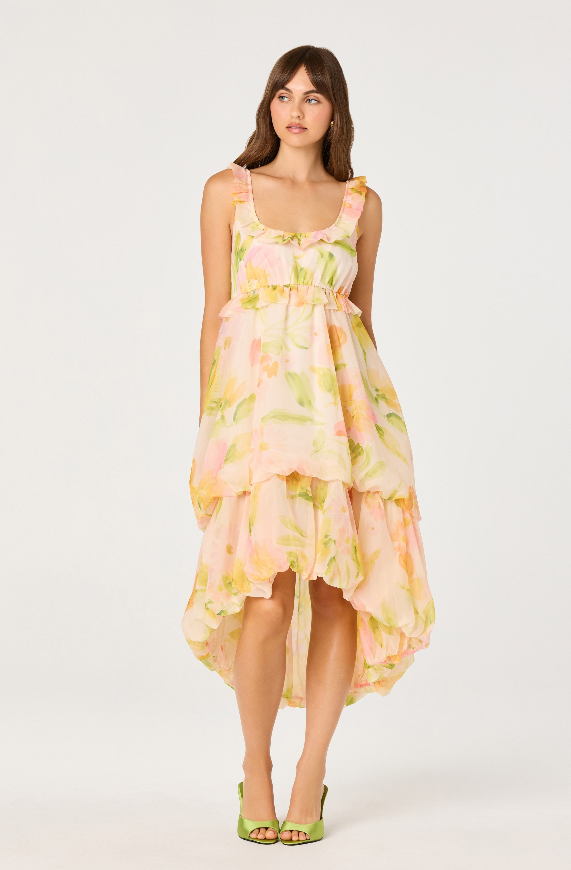 Serenidy Floral Ruffle Tiered High-Low Midi Dress