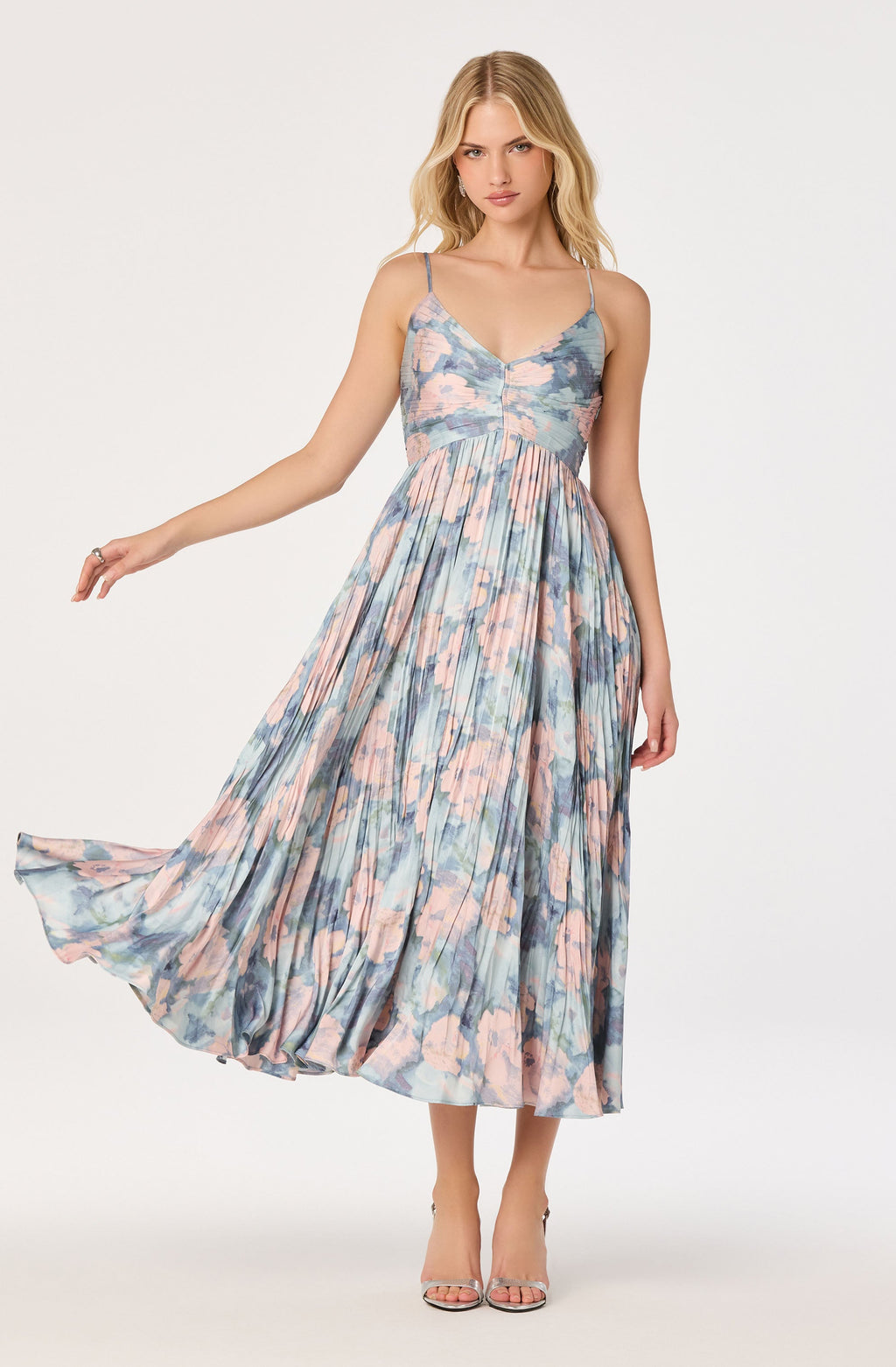 Maeve Floral Pleated Satin Midi Dress