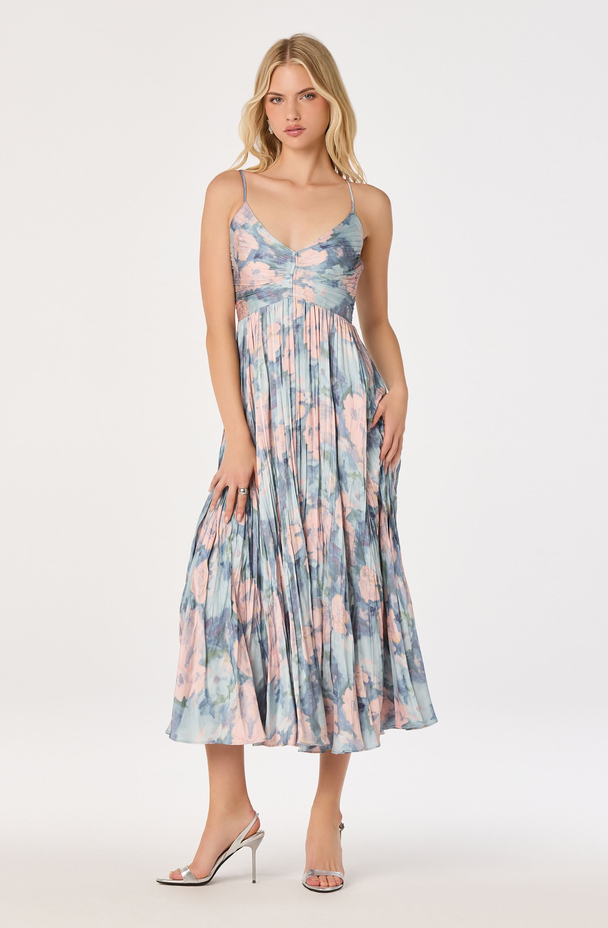 Maeve Floral Pleated Satin Midi Dress