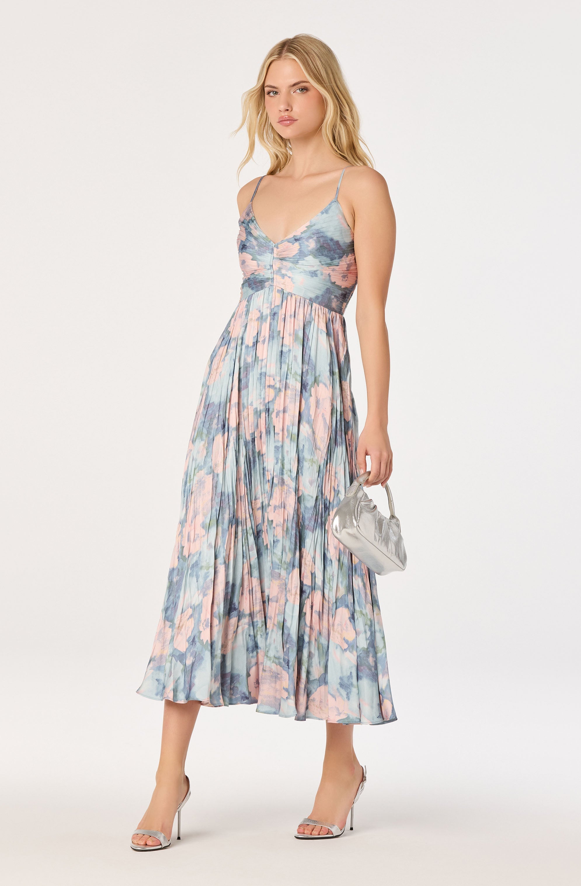 Maeve Floral Pleated Satin Midi Dress