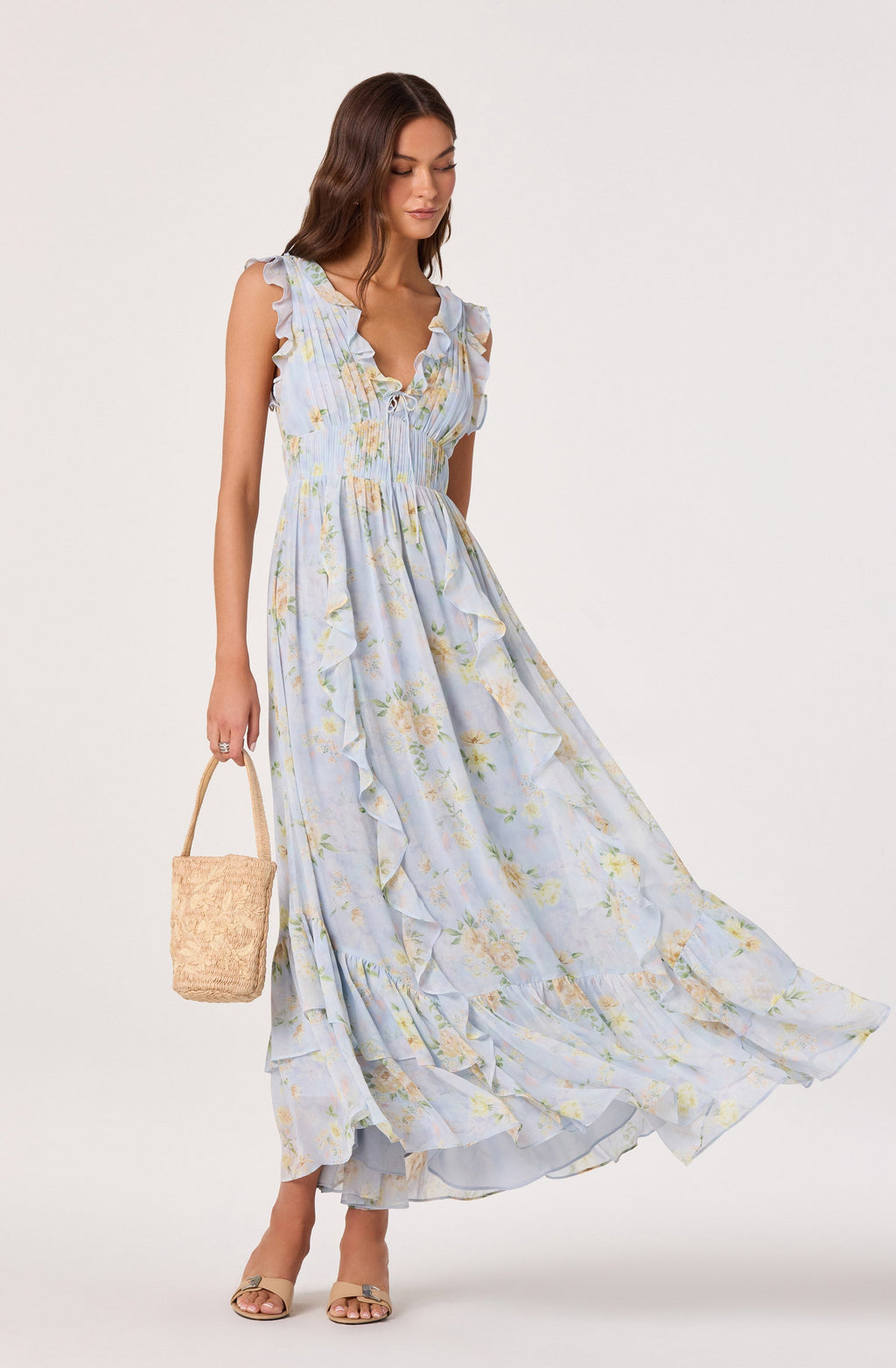Kindra Ruffle Deep-V Maxi Dress
