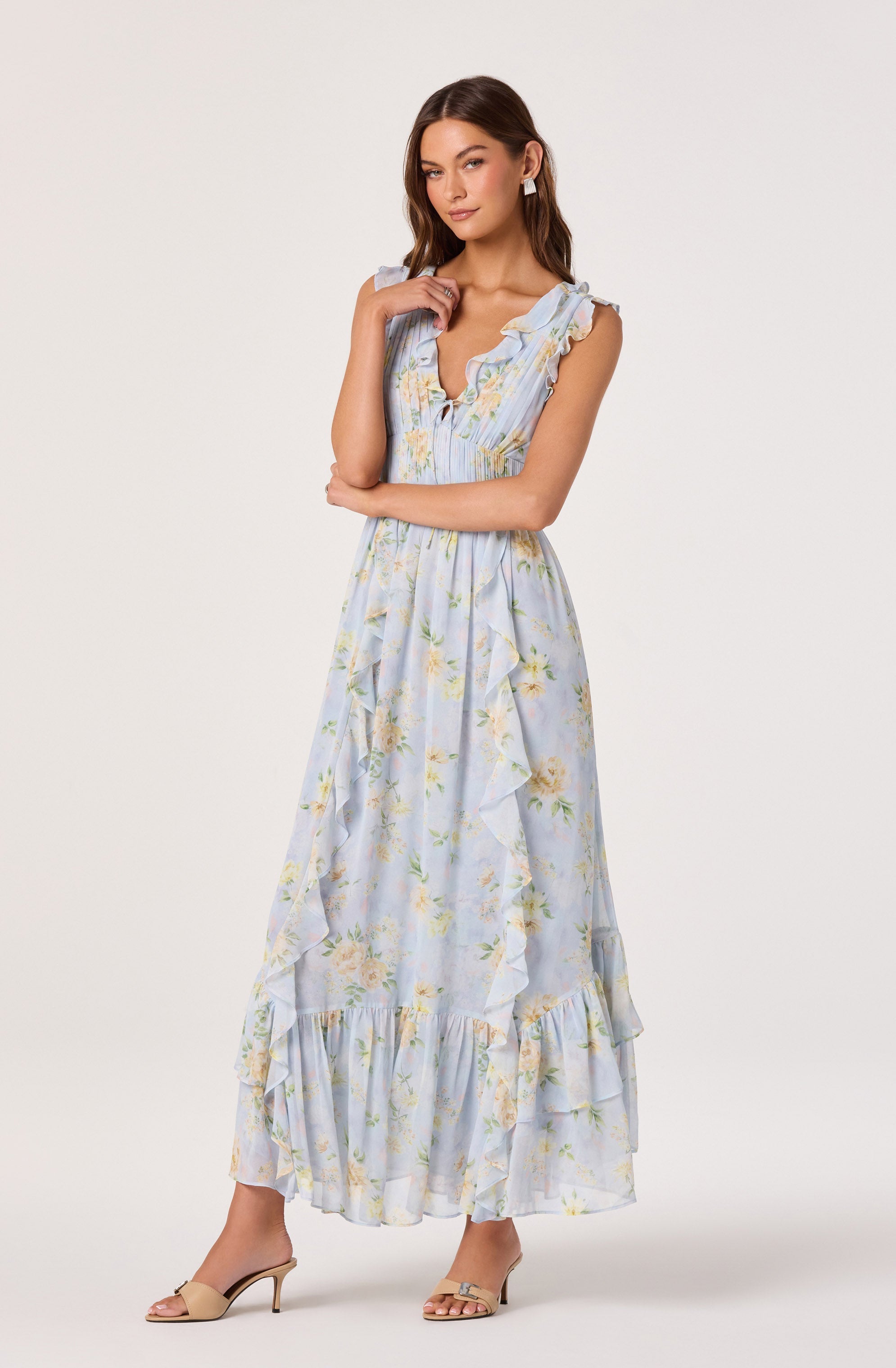 Kindra Ruffle Deep-V Maxi Dress