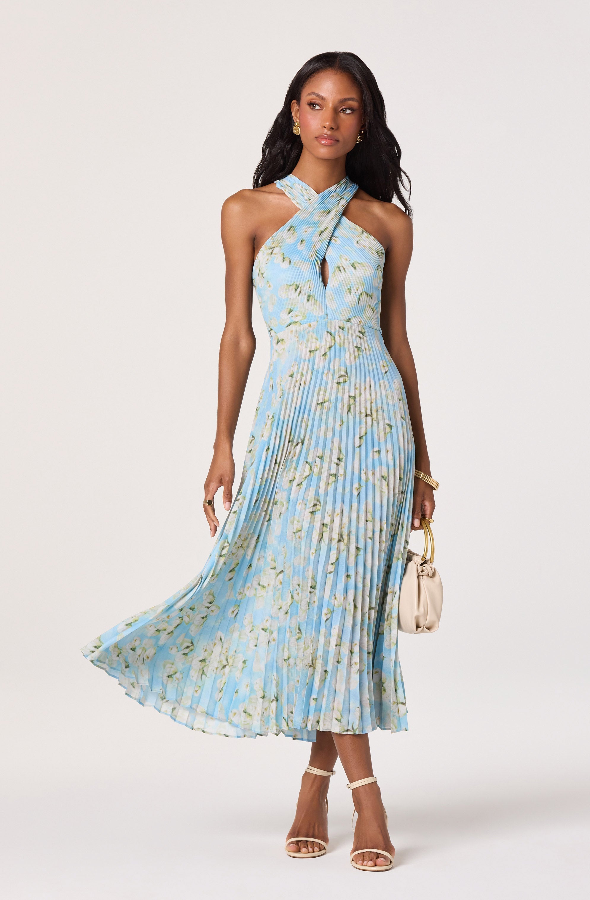 Samantha Plissé Halter Midi Dress