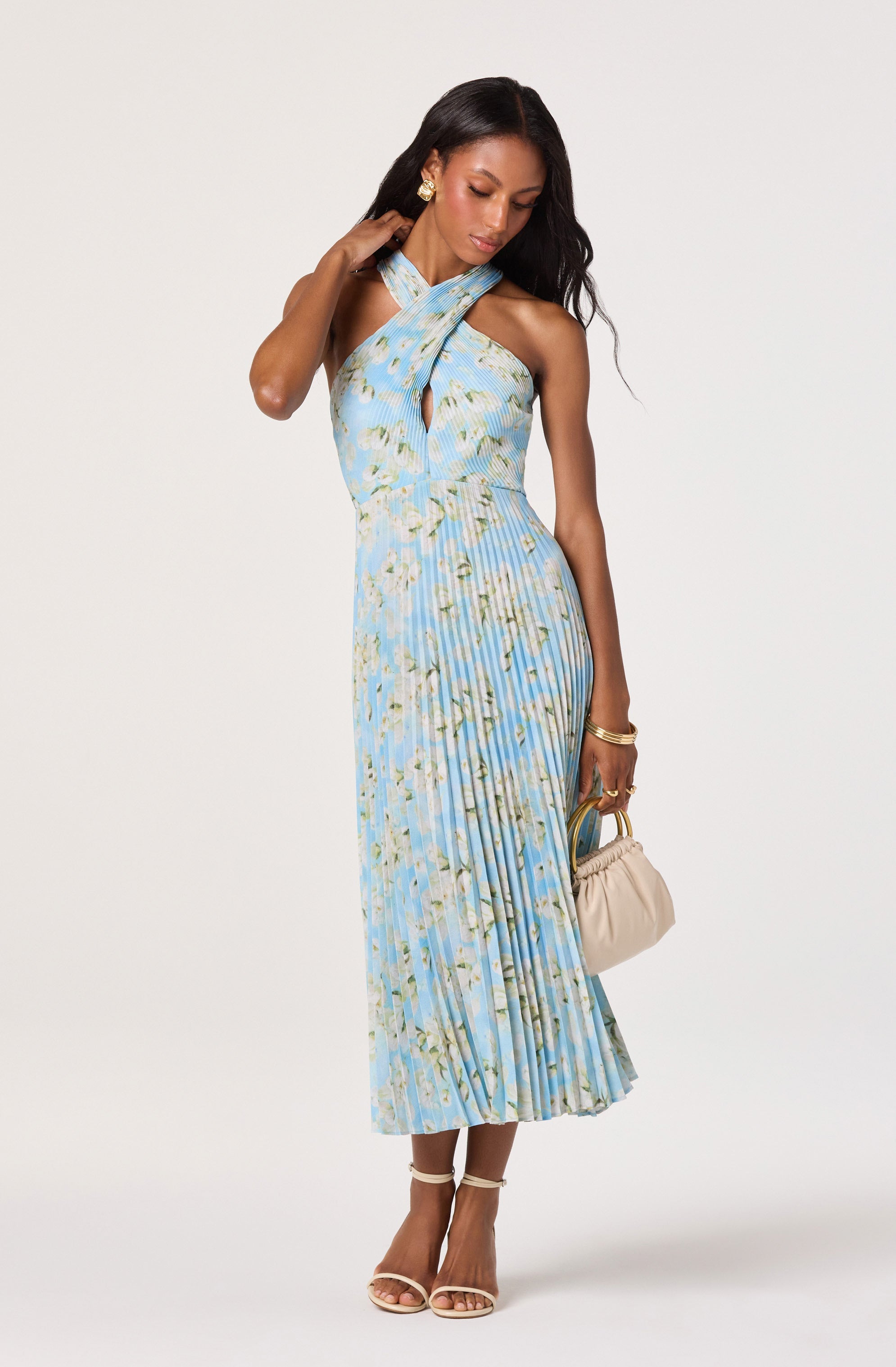 Samantha Plissé Halter Midi Dress