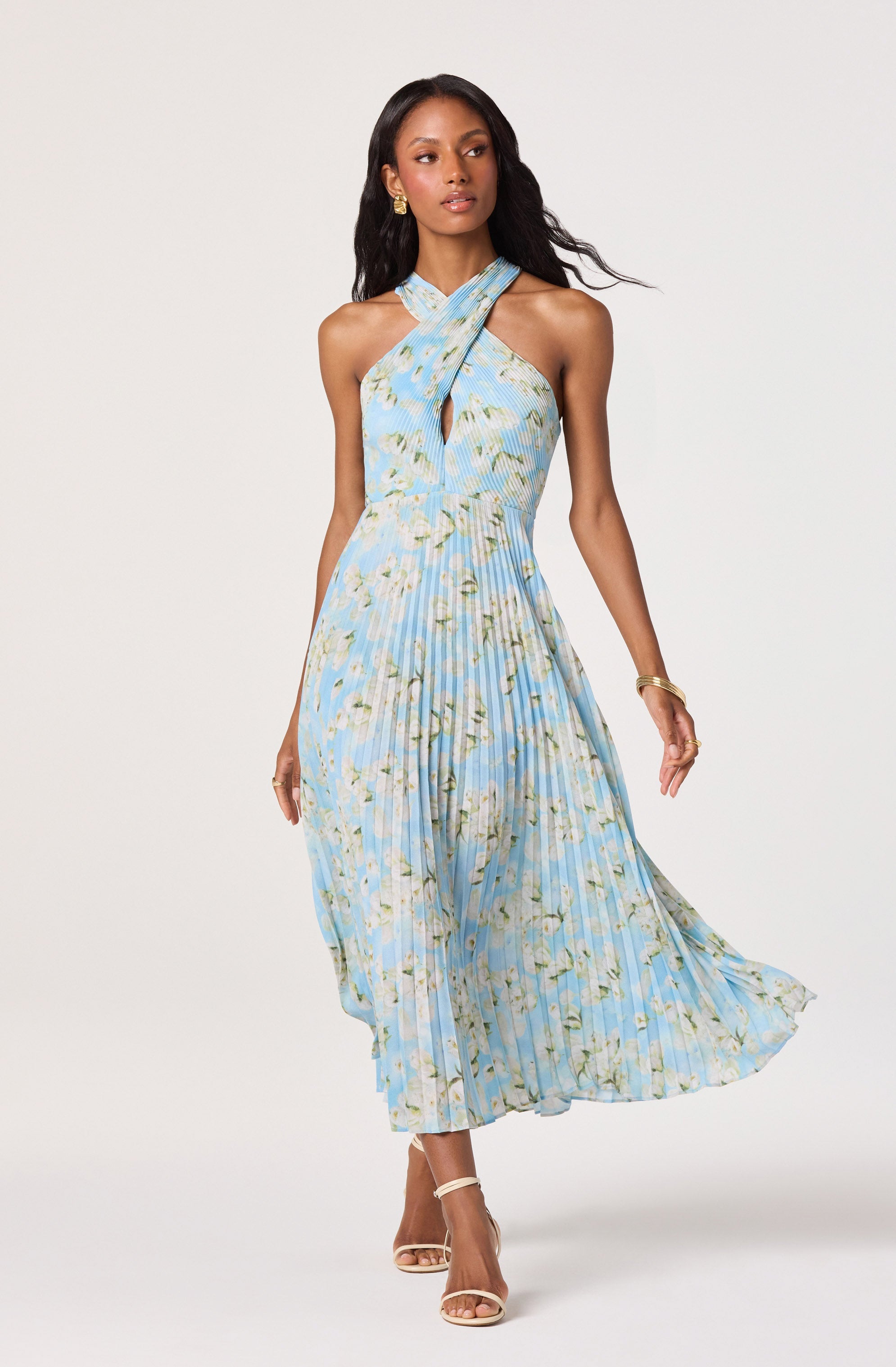 Samantha Plissé Halter Midi Dress