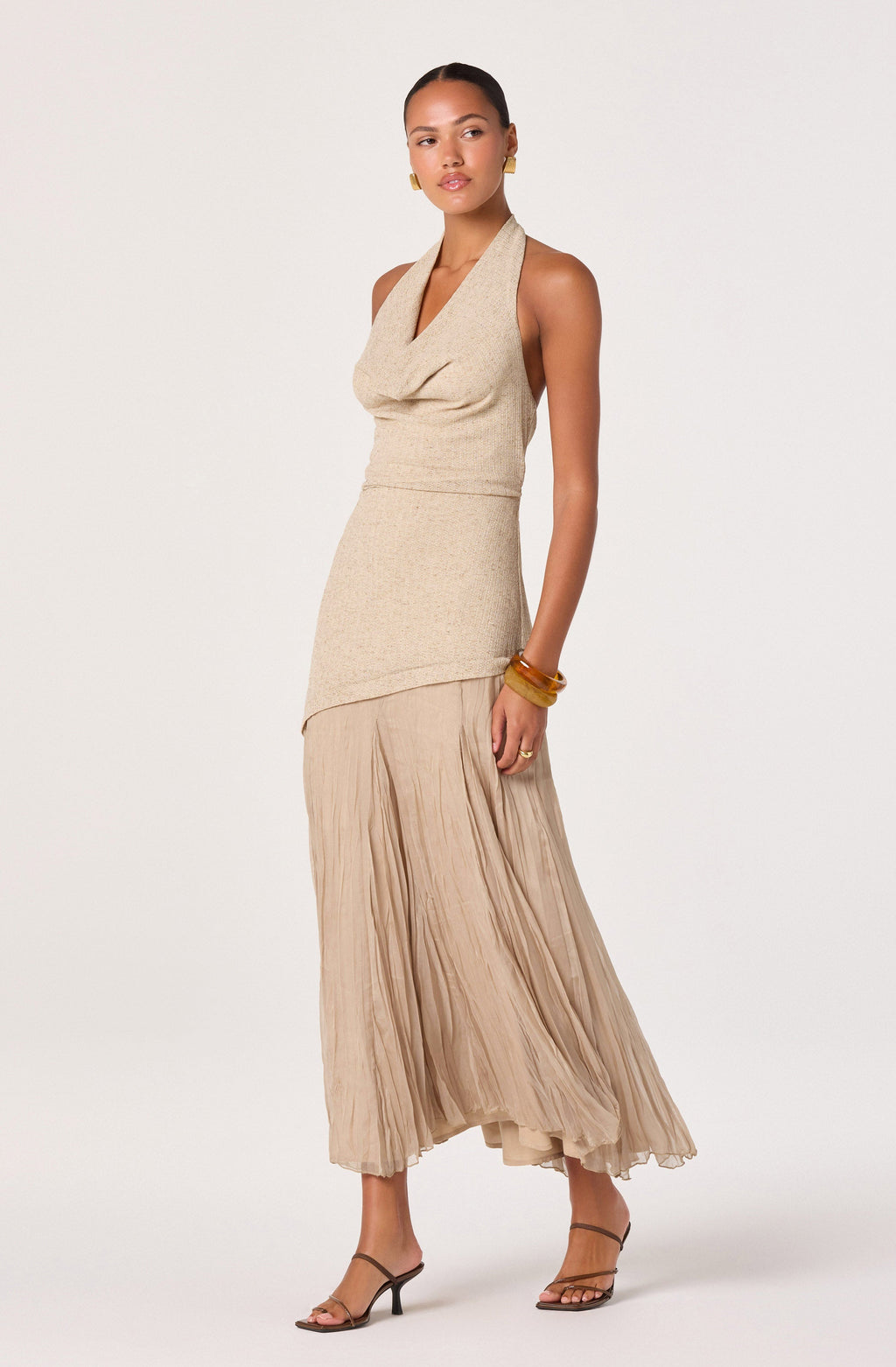 Inez Mixed Media Halter Maxi Dress