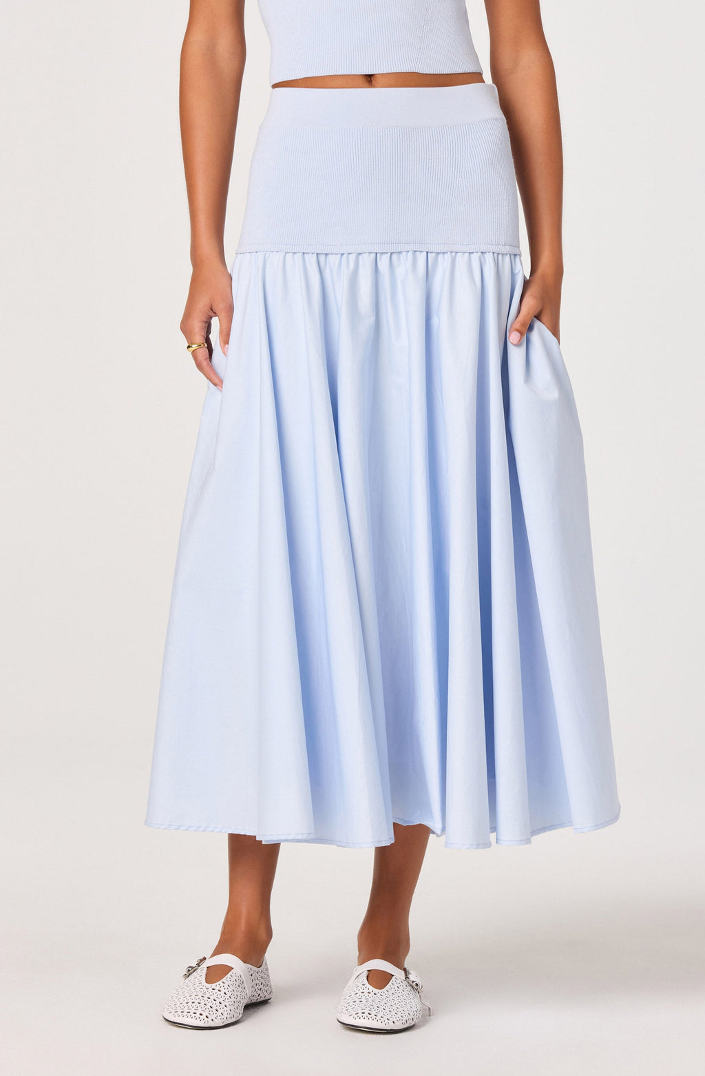 Thesan Mixed Media Drop-Waist Midi Skirt
