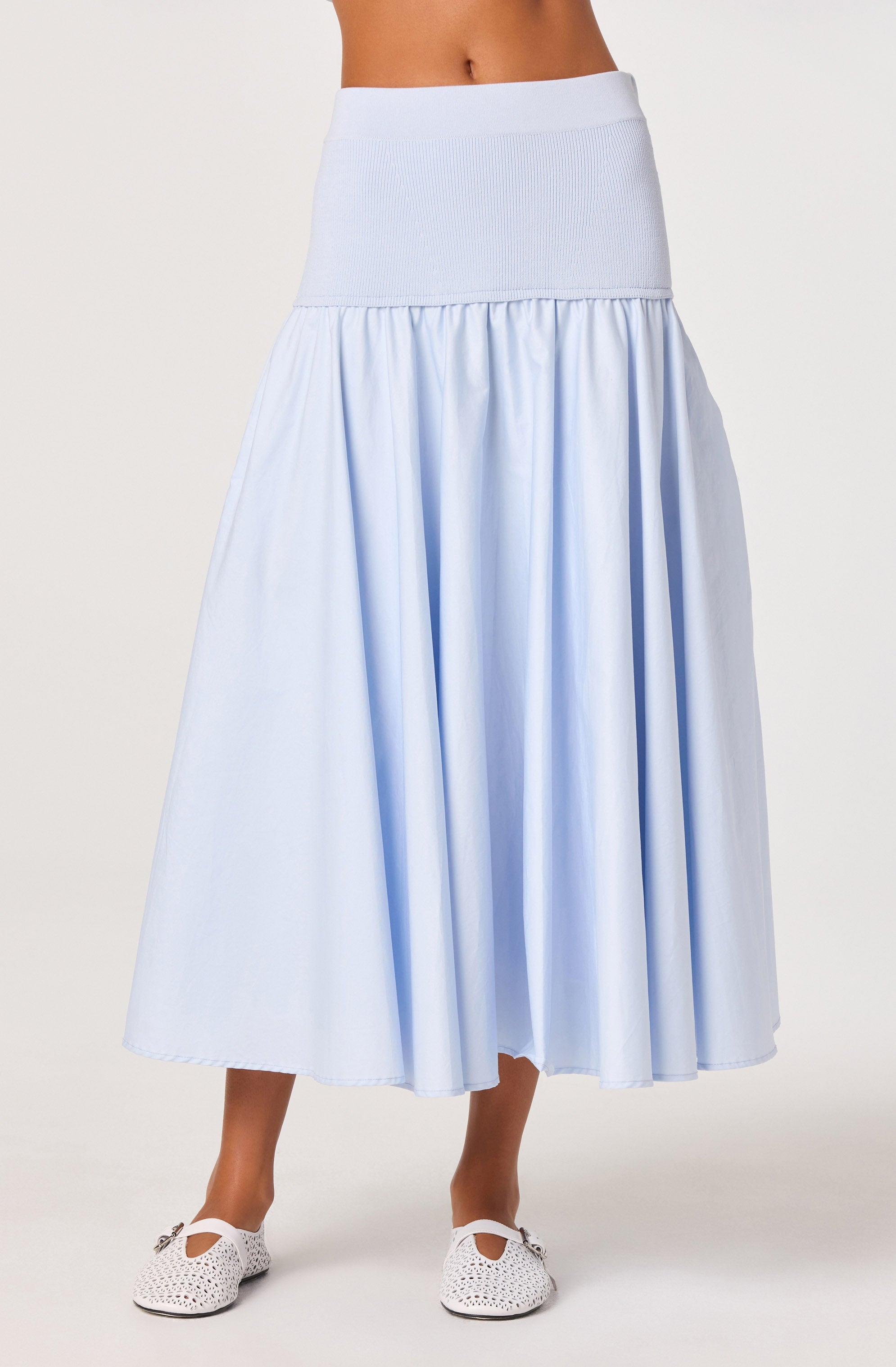 Thesan Mixed Media Drop-Waist Midi Skirt