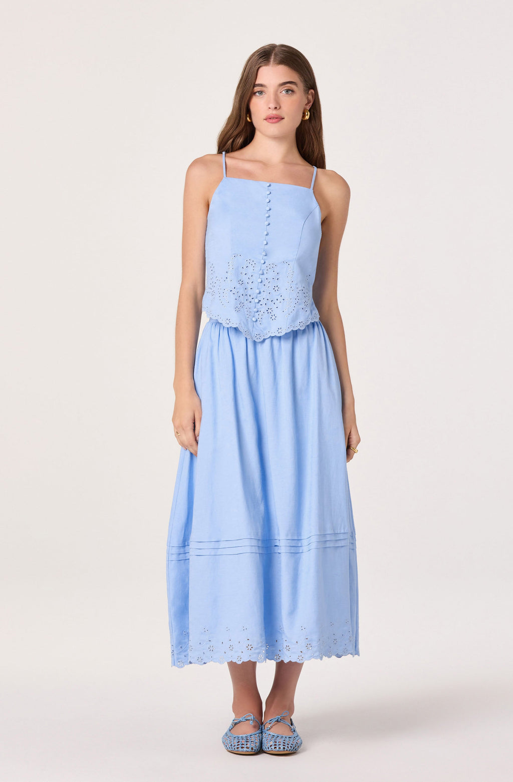 Shelly Eyelet Hem Linen Midi Skirt