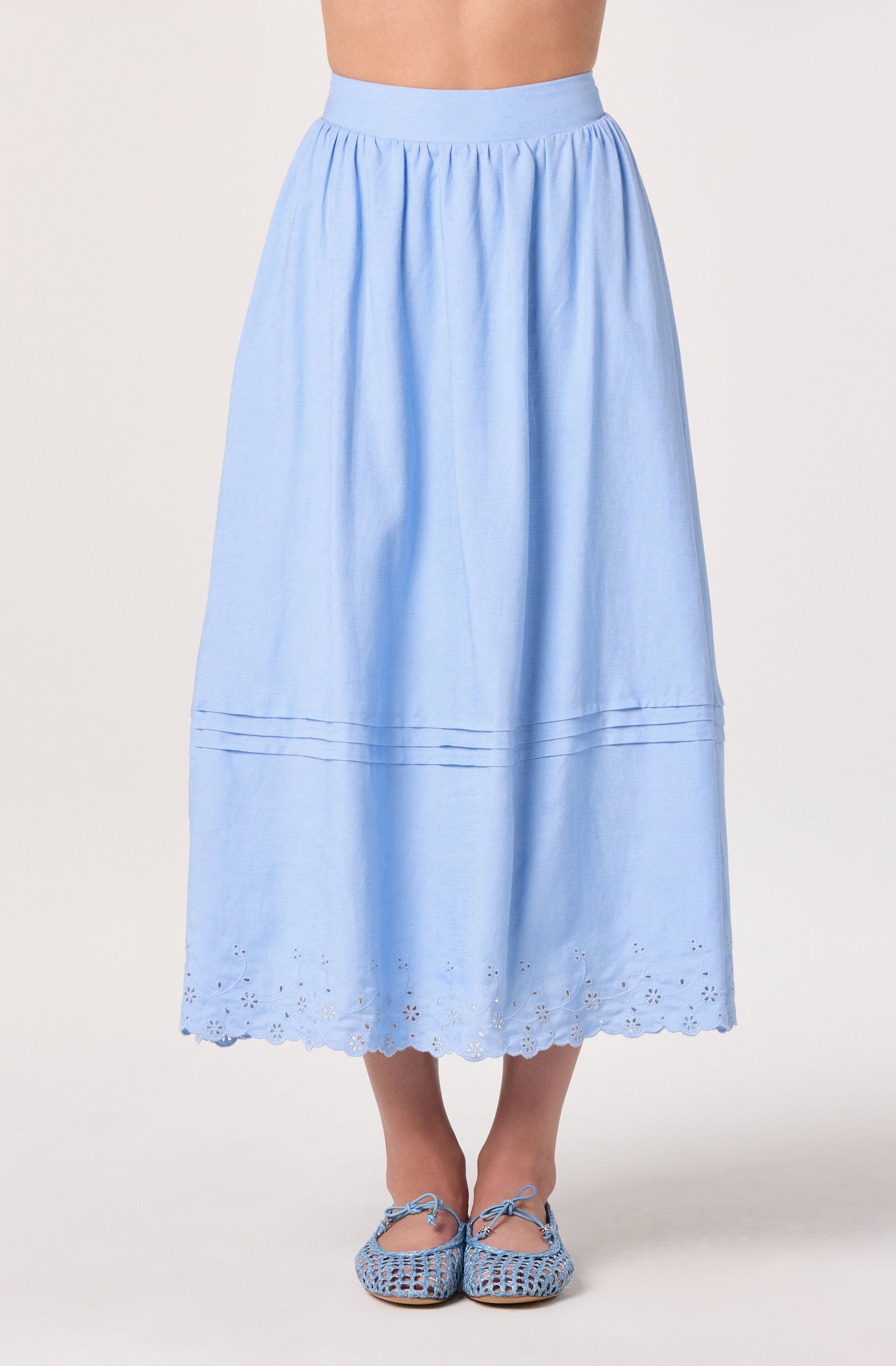 Shelly Eyelet Hem Linen Midi Skirt